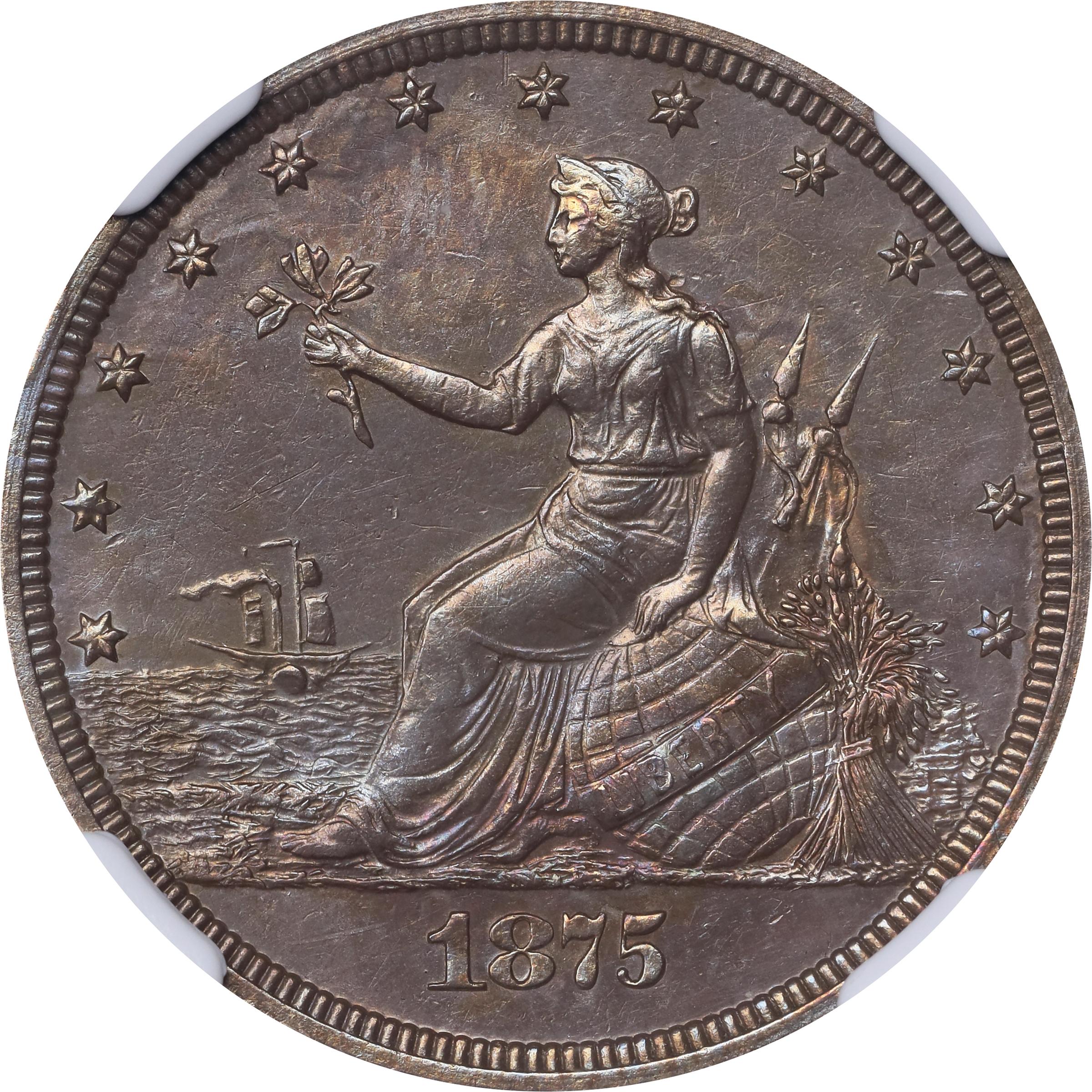 image for: 1875 Pattern Liberty by the Seashore Twenty Cents. Judd-1403, Pollock-1546. Rarity-6+. Silver. Plain Edge. Proof-61 (NGC).