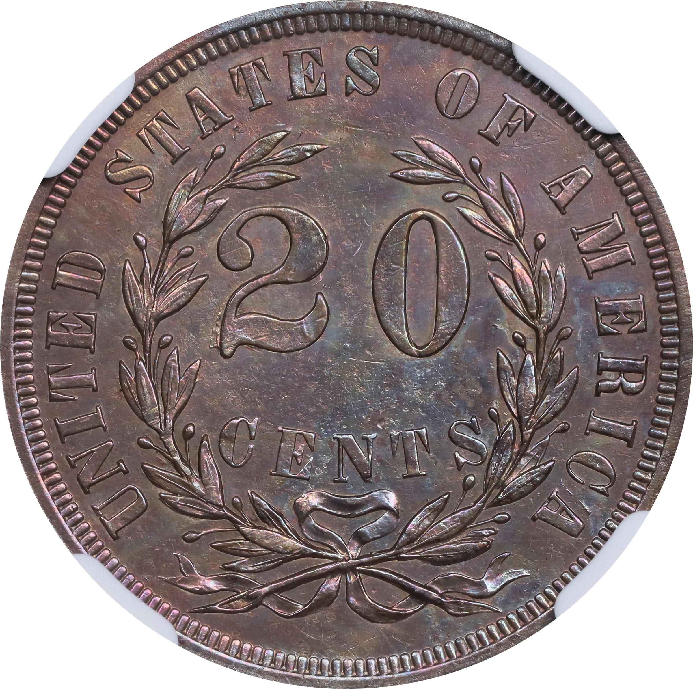 image for: 1875 Pattern Liberty by the Seashore Twenty Cents. Judd-1403, Pollock-1546. Rarity-6+. Silver. Plain Edge. Proof-61 (NGC).