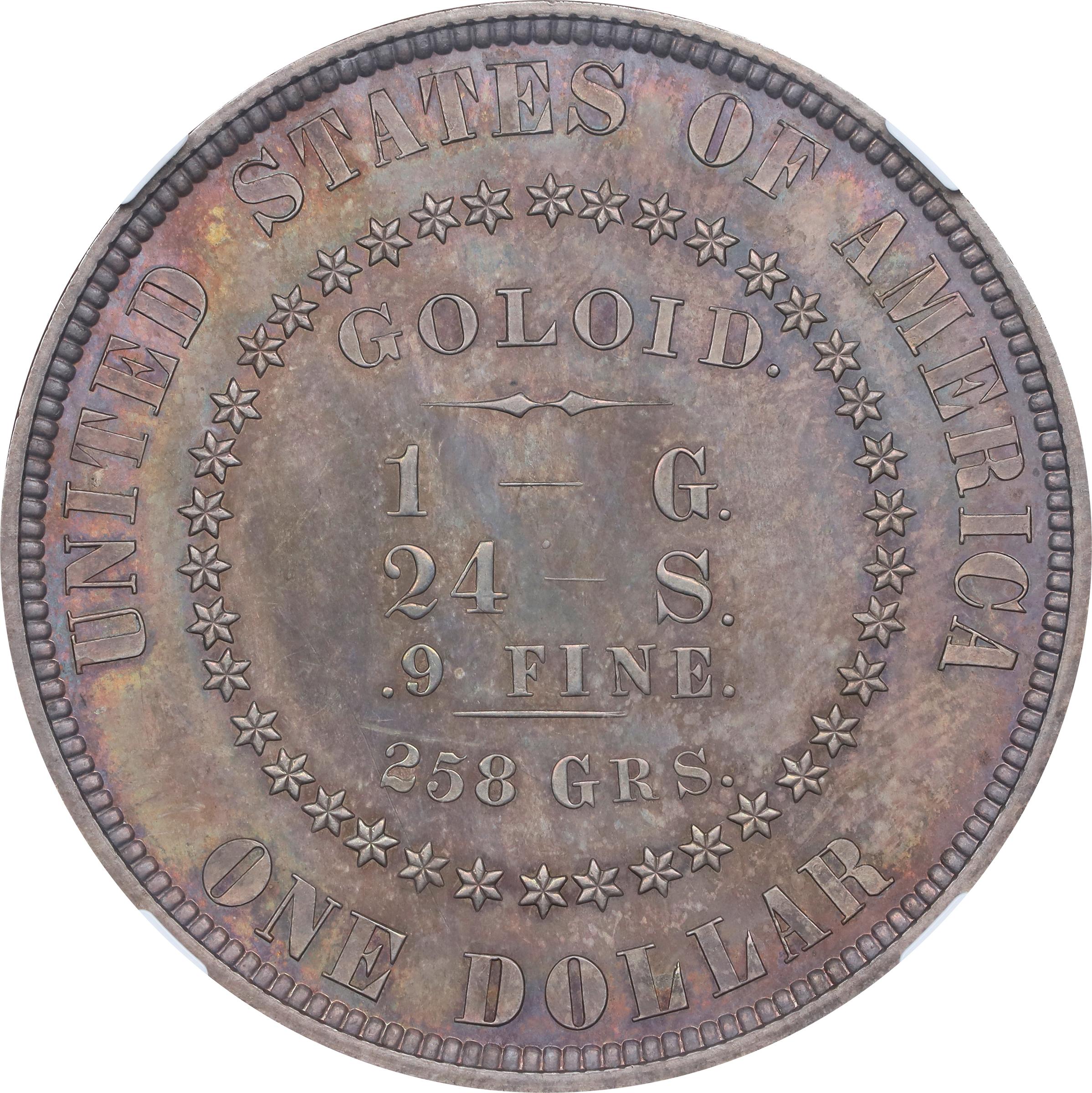 image for: 1878 Pattern Goloid Dollar. Judd-1557, Pollock-1749. Rarity-6-. Goloid (Metric Alloy of Gold, Silver and Copper). Reeded Edge. Proof-64 (NGC).