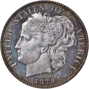 image for: 1879 Pattern Washlady Dime. Judd-1584, Pollock-1777. Rarity-6-. Silver. Reeded Edge. Proof-62 (PCGS). OGH.
