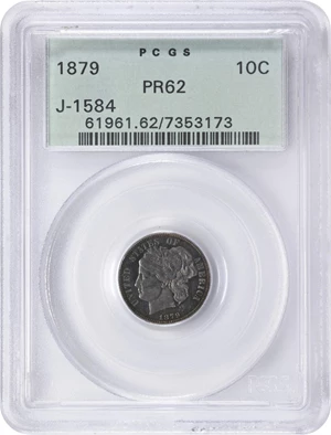 image for: 1879 Pattern Washlady Dime. Judd-1584, Pollock-1777. Rarity-6-. Silver. Reeded Edge. Proof-62 (PCGS). OGH.