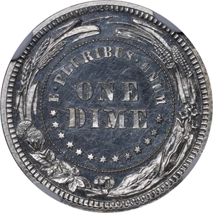 image for: 1879 Pattern Morgan Dime. Judd-1586, Pollock-1779. Rarity-6+. Silver. Reeded Edge. Proof-63 (NGC).
