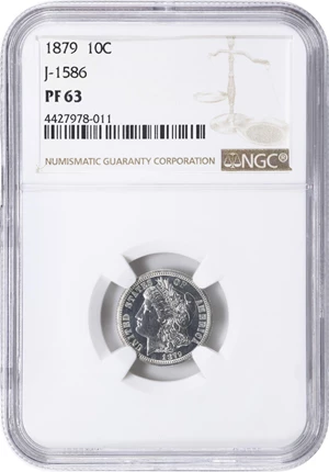 image for: 1879 Pattern Morgan Dime. Judd-1586, Pollock-1779. Rarity-6+. Silver. Reeded Edge. Proof-63 (NGC).