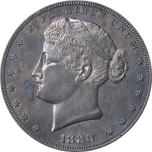 image for: 1880 Pattern Metric Dollar. Judd-1648, Pollock-1848. Rarity-7-. Silver. Reeded Edge. Proof-63 (PCGS).