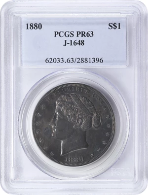image for: 1880 Pattern Metric Dollar. Judd-1648, Pollock-1848. Rarity-7-. Silver. Reeded Edge. Proof-63 (PCGS).