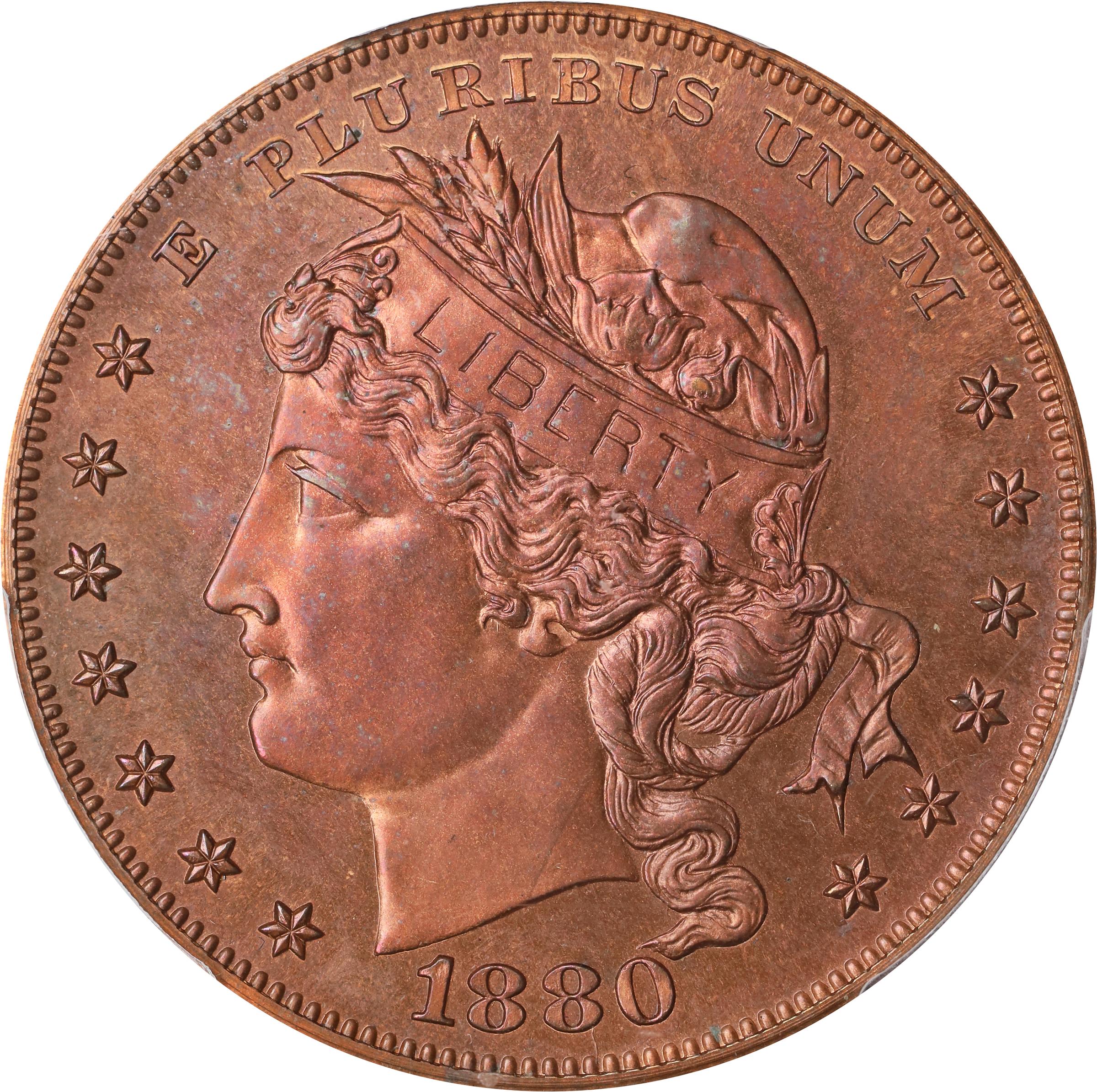 image for: 1880 Pattern Goloid Metric Dollar. Judd-1652, Pollock-1852. Rarity-6+. Copper. Reeded Edge. Proof-65 RB (PCGS).