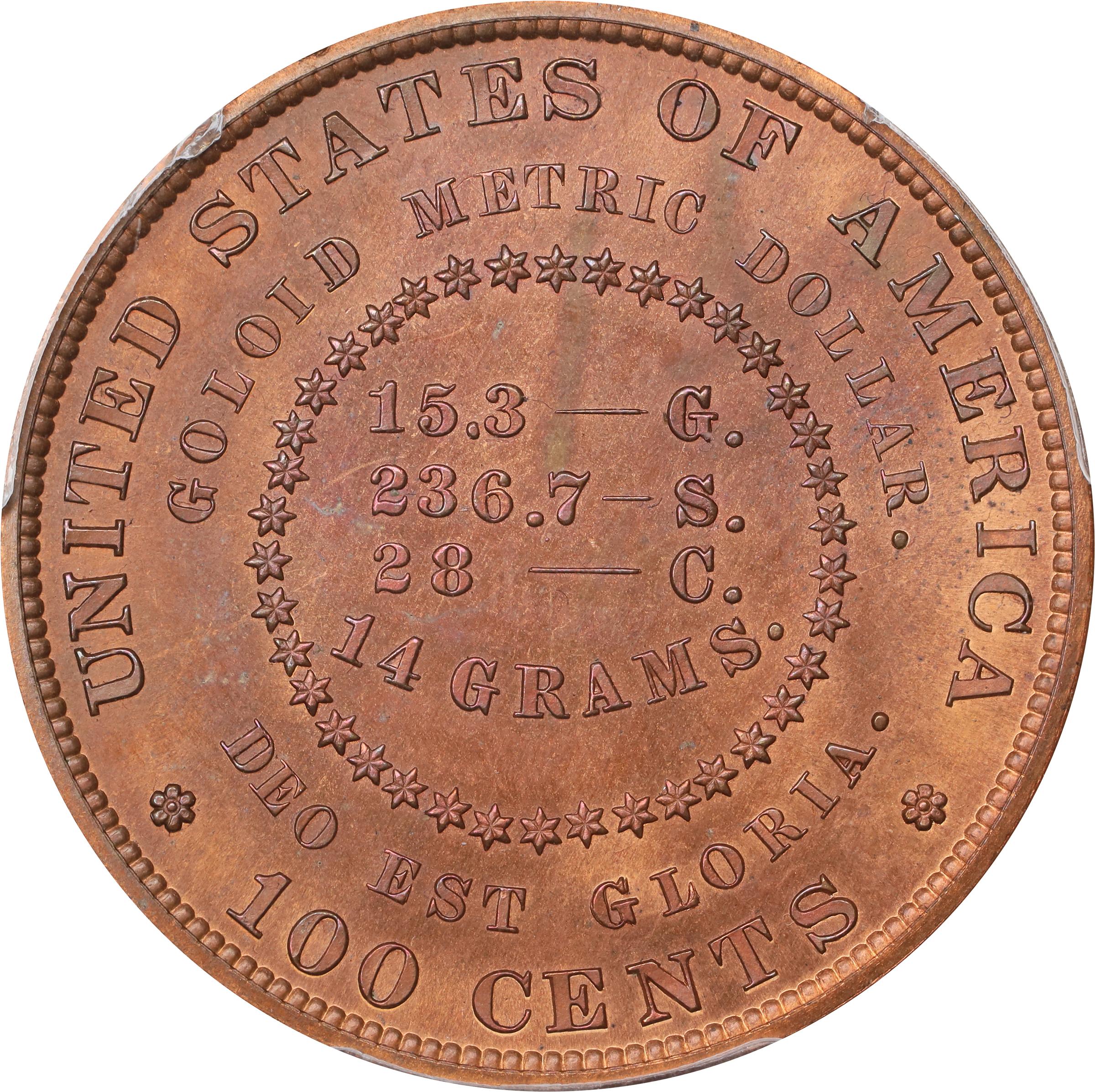image for: 1880 Pattern Goloid Metric Dollar. Judd-1652, Pollock-1852. Rarity-6+. Copper. Reeded Edge. Proof-65 RB (PCGS).