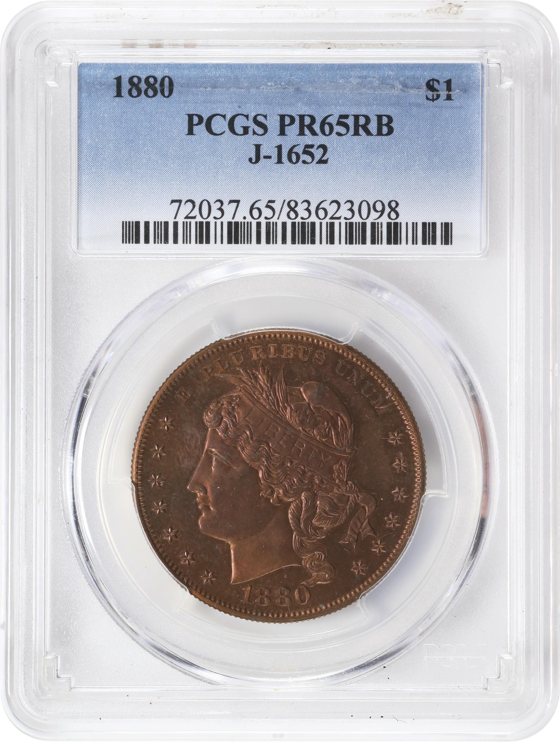 image for: 1880 Pattern Goloid Metric Dollar. Judd-1652, Pollock-1852. Rarity-6+. Copper. Reeded Edge. Proof-65 RB (PCGS).