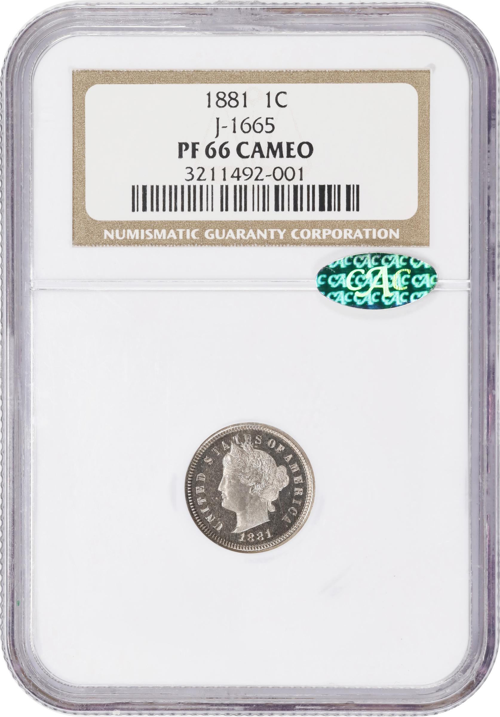 image for: 1881 Pattern Liberty Head Cent. Judd-1665, Pollock-1865. Rarity-6+. Nickel. Plain Edge. Proof-66 Cameo (NGC). CAC.
