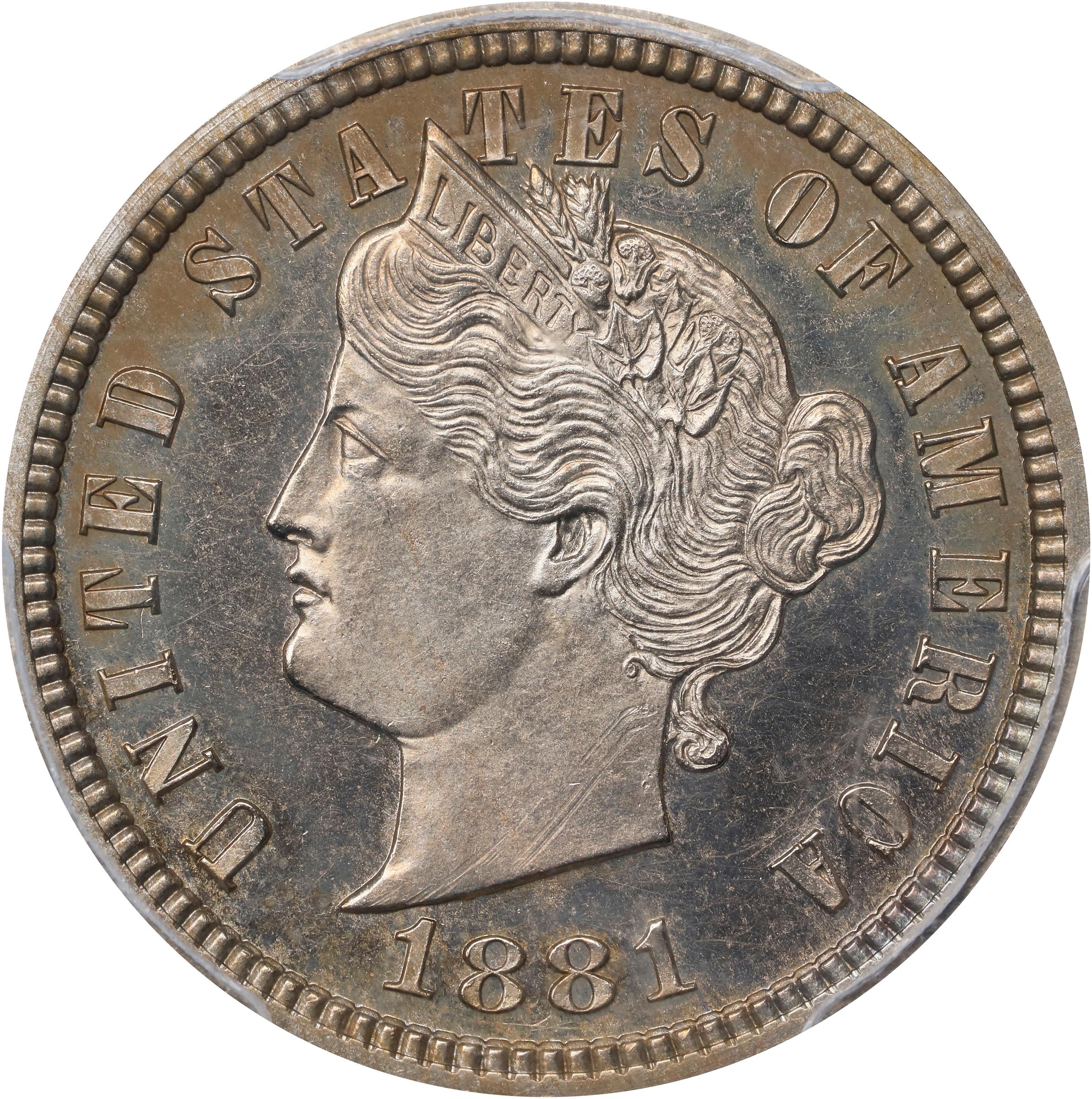 image for: 1881 Pattern Liberty Head Five Cents. Judd-1671, Pollock-1872. Rarity-6+. Nickel. Plain Edge. Proof-64 Cameo (PCGS). CAC.