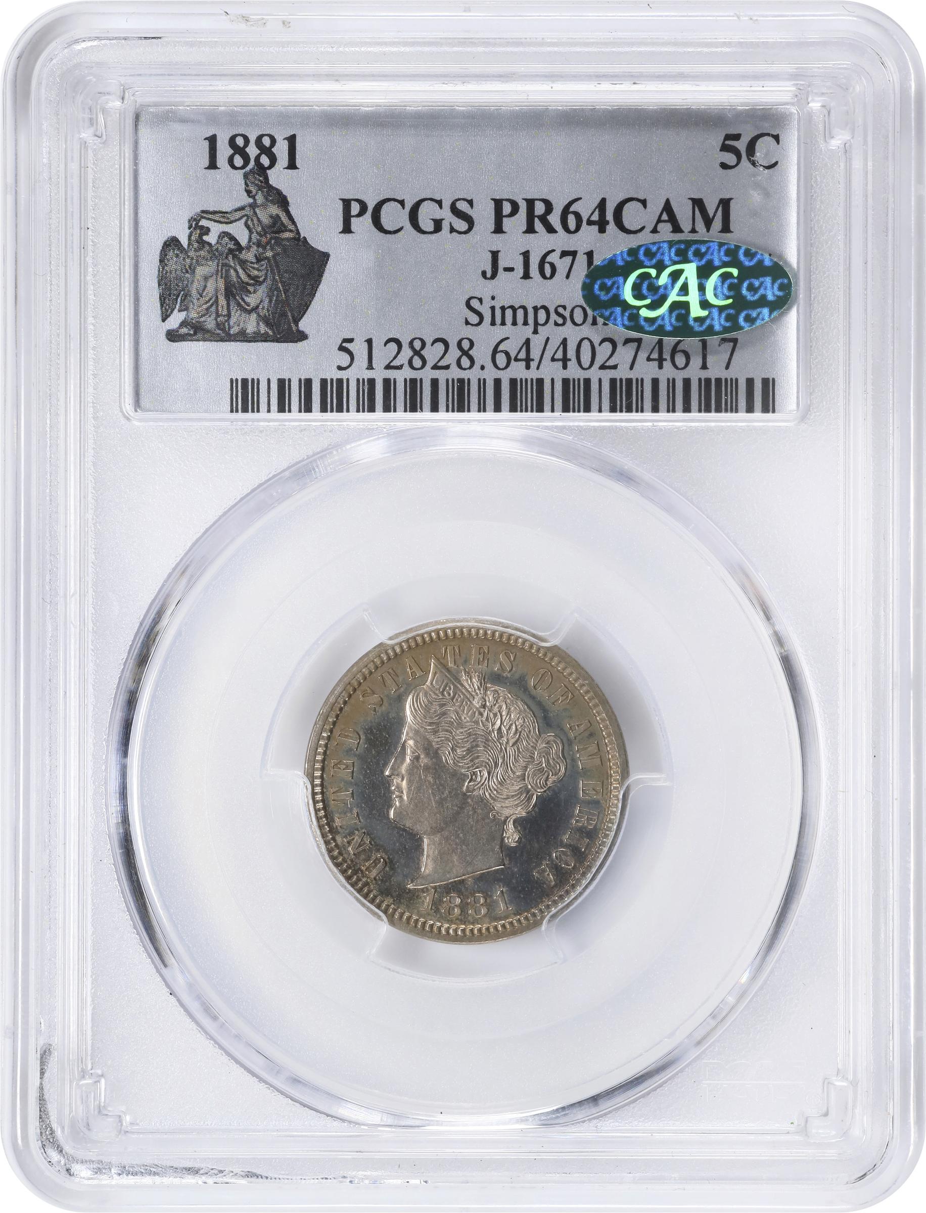 image for: 1881 Pattern Liberty Head Five Cents. Judd-1671, Pollock-1872. Rarity-6+. Nickel. Plain Edge. Proof-64 Cameo (PCGS). CAC.