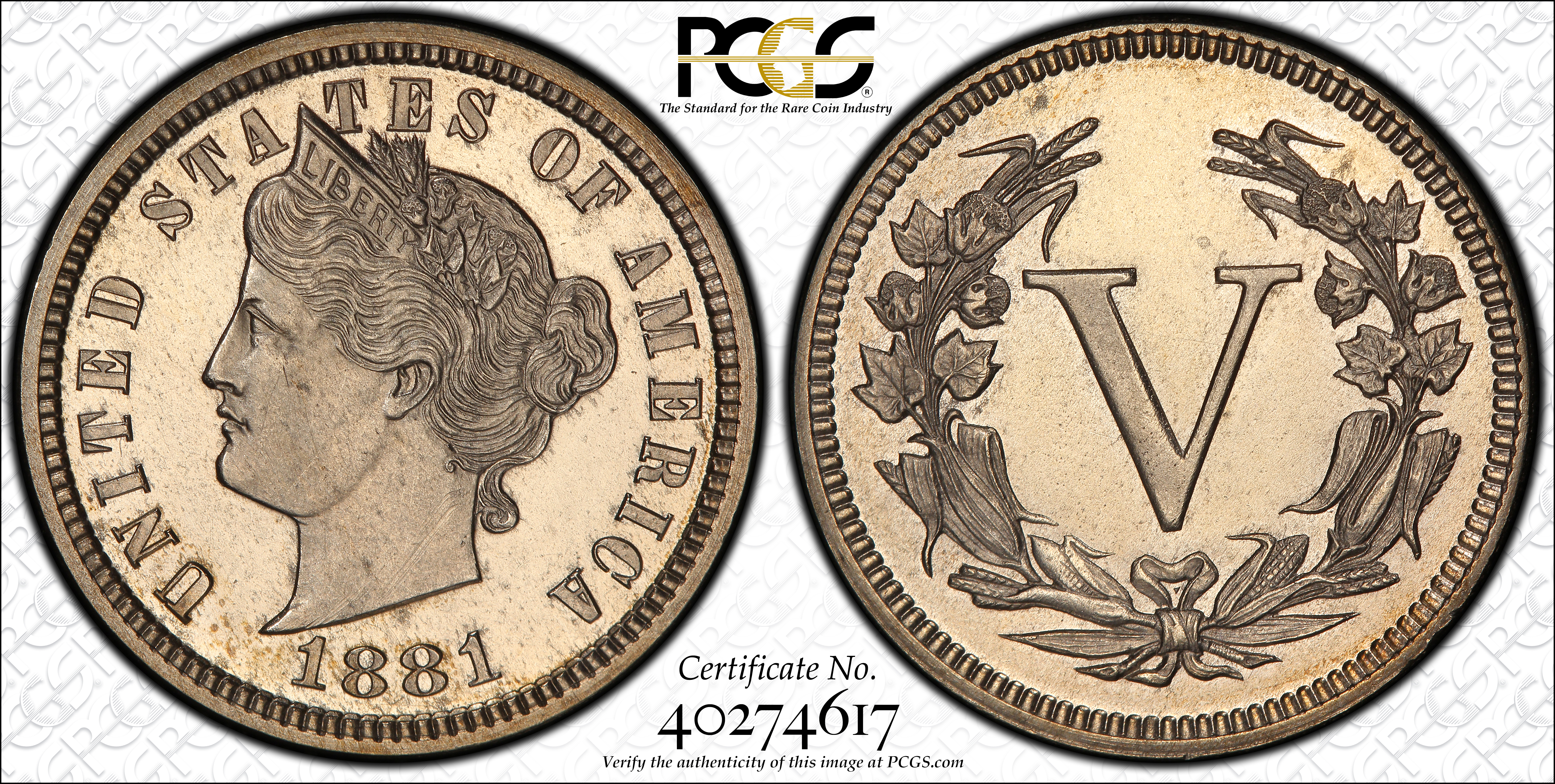 image for: 1881 Pattern Liberty Head Five Cents. Judd-1671, Pollock-1872. Rarity-6+. Nickel. Plain Edge. Proof-64 Cameo (PCGS). CAC.
