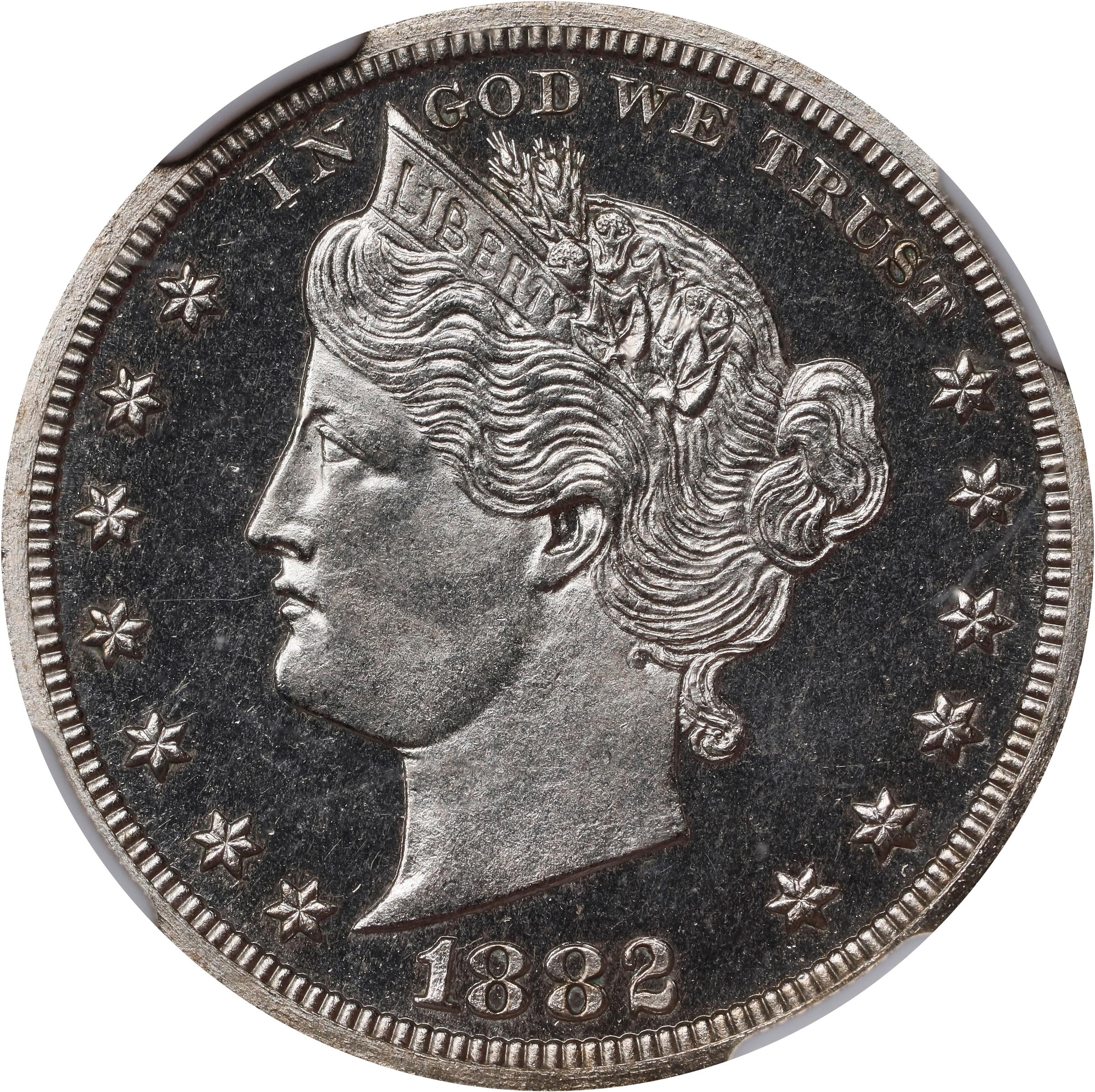 image for: 1882 Pattern Liberty Head Nickel. Judd-1687, Pollock-1889. Rarity-6-. Nickel. Plain Edge. Proof-65 Cameo (NGC). CAC.