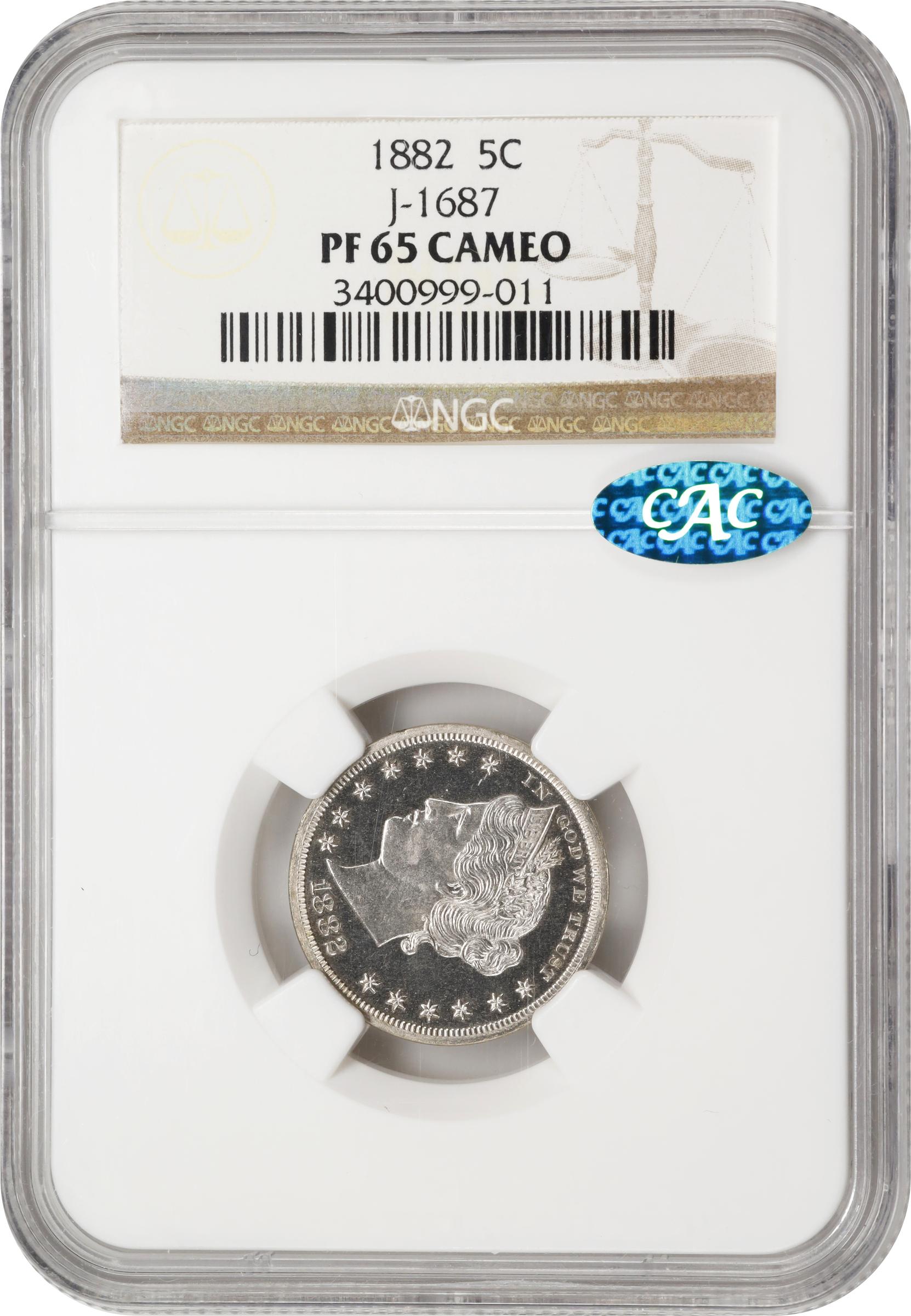 image for: 1882 Pattern Liberty Head Nickel. Judd-1687, Pollock-1889. Rarity-6-. Nickel. Plain Edge. Proof-65 Cameo (NGC). CAC.