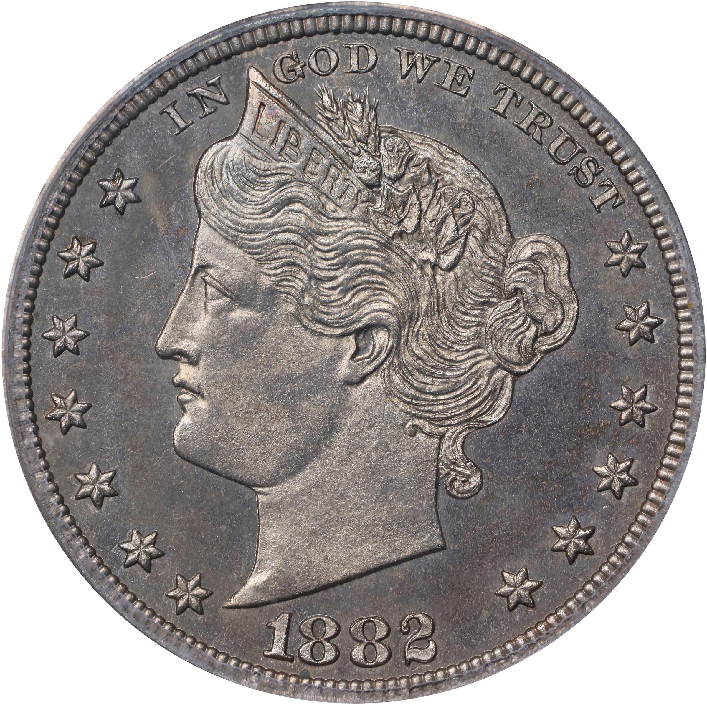 image for: 1882 Pattern Liberty Head Nickel. Judd-1687, Pollock-1889. Rarity-6-. Nickel. Plain Edge. Proof-63 (PCGS). CAC.