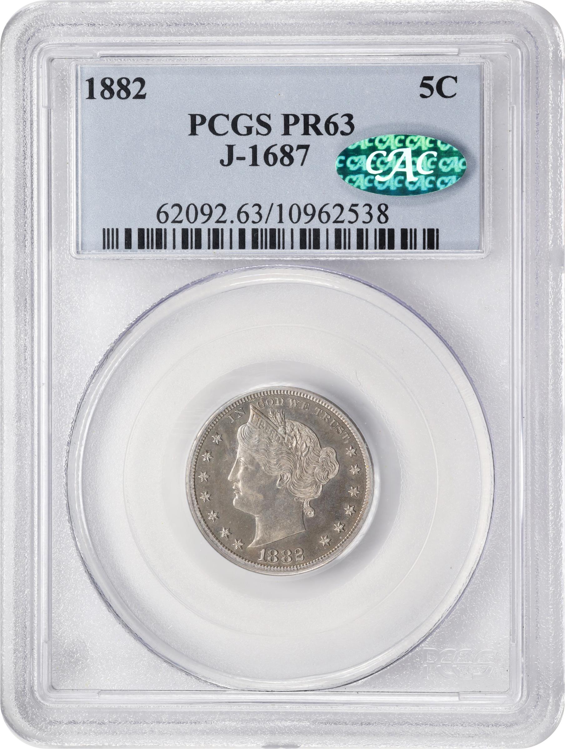 image for: 1882 Pattern Liberty Head Nickel. Judd-1687, Pollock-1889. Rarity-6-. Nickel. Plain Edge. Proof-63 (PCGS). CAC.