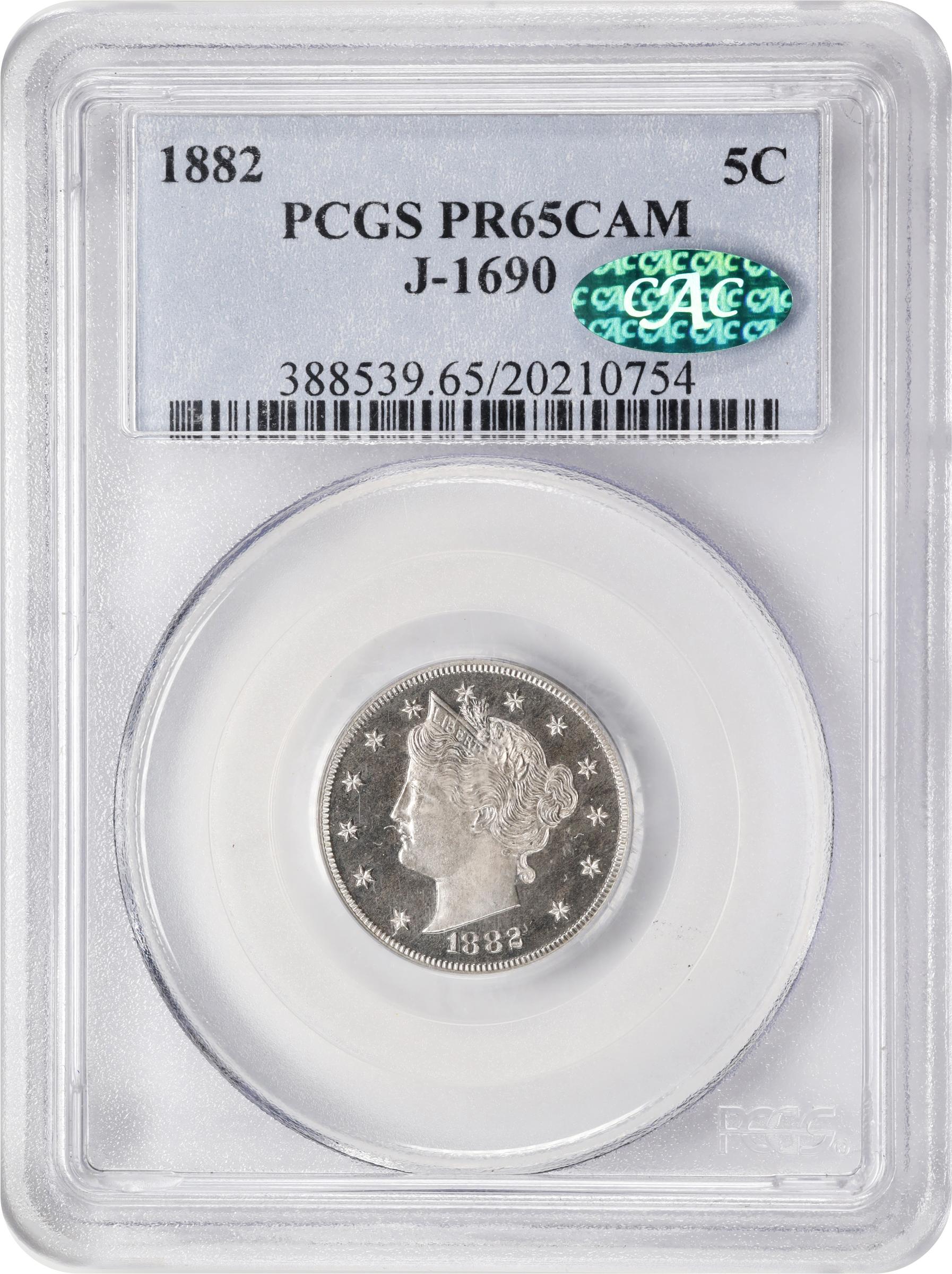 image for: 1882 Pattern Liberty Head Nickel. Judd-1690, Pollock-1892. Rarity-5. Nickel. Plain Edge. Proof-65 Cameo (PCGS). CAC.