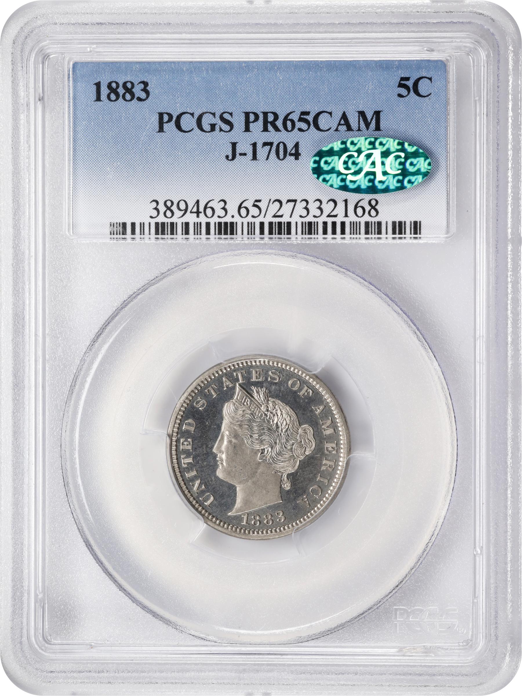 image for: 1883 Pattern Liberty Head Nickel. Judd-1704, Pollock-1908. Rarity-6-. Pure Nickel. Plain Edge. Proof-65 Cameo (PCGS). CAC.