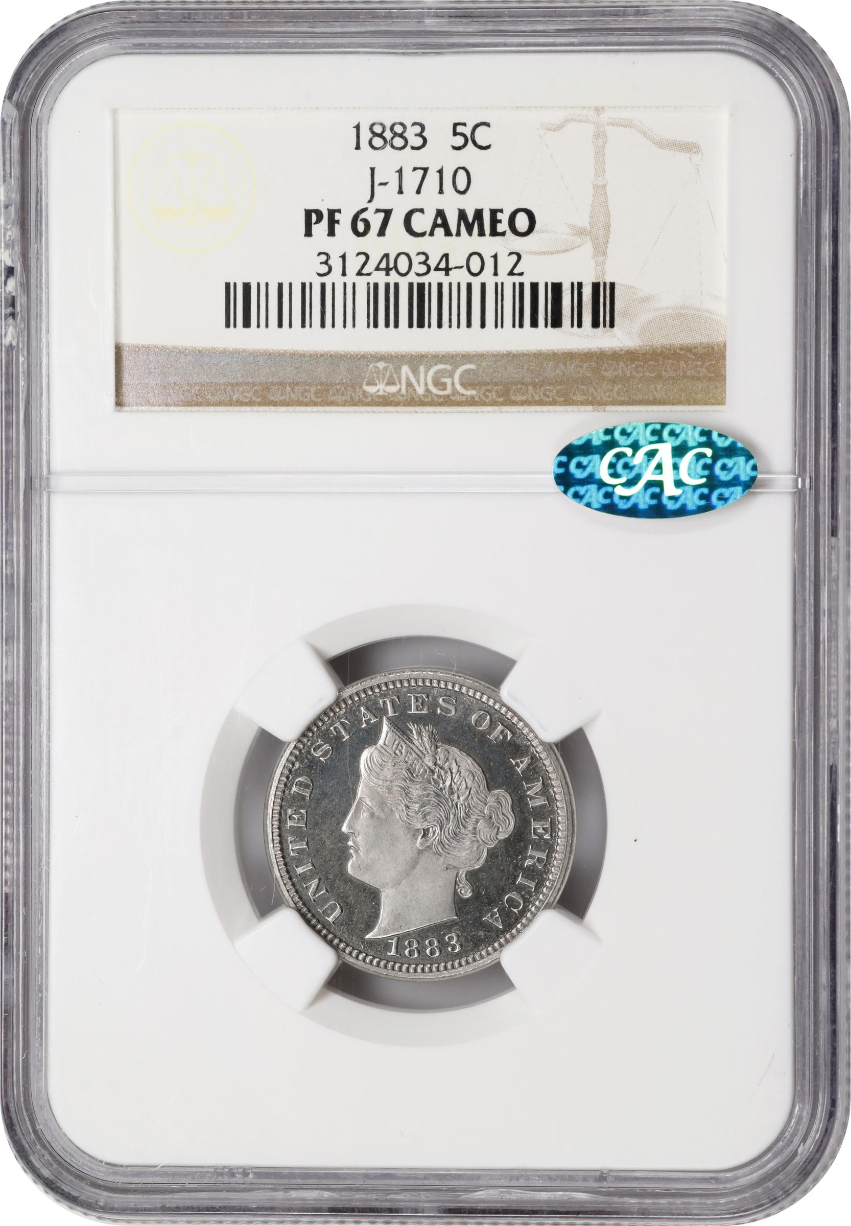 image for: 1883 Pattern Liberty Head Nickel. Judd-1710, Pollock-1914. Rarity-5. Nickel. Plain Edge. Proof-67 Cameo (NGC). CAC.