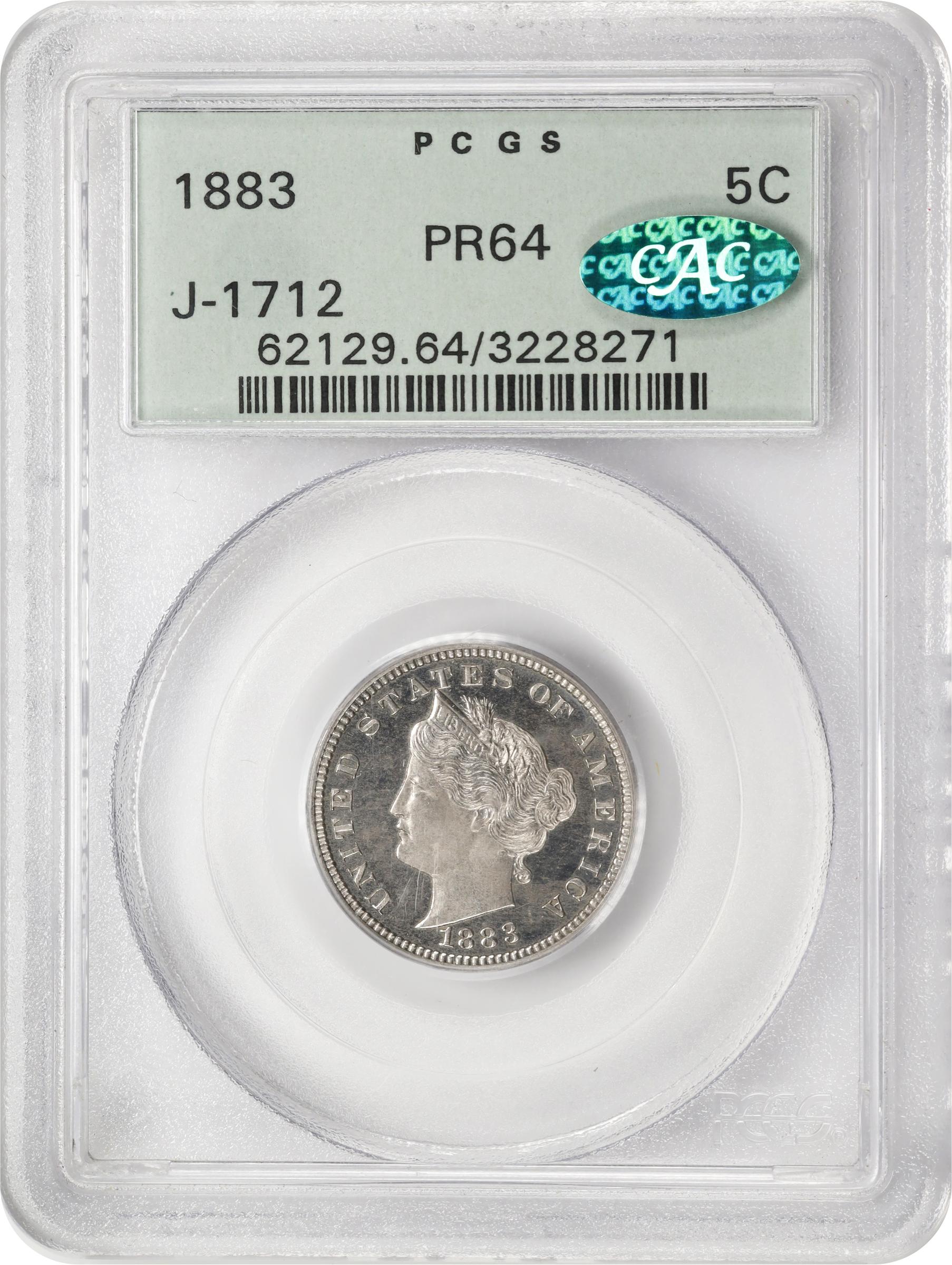 image for: 1883 Pattern Liberty Head Nickel. Judd-1712, Pollock-1916. Rarity-6-. Nickel. Plain Edge. Proof-64 (PCGS). CAC. OGH.