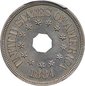 image for: 1884 Pattern Annular, or Ring-Form Five Cents. Judd-1724, Pollock-1934. Rarity-6-. Nickel. Plain Edge. Proof-64+ (PCGS). CAC.