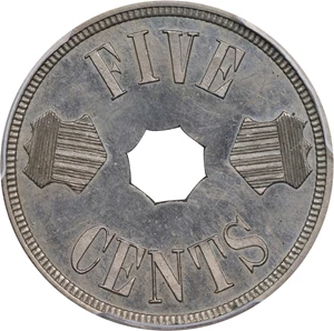 image for: 1884 Pattern Annular, or Ring-Form Five Cents. Judd-1724, Pollock-1934. Rarity-6-. Nickel. Plain Edge. Proof-64+ (PCGS). CAC.
