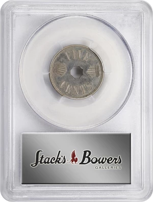 image for: 1884 Pattern Annular, or Ring-Form Five Cents. Judd-1724, Pollock-1934. Rarity-6-. Nickel. Plain Edge. Proof-64+ (PCGS). CAC.
