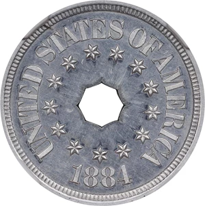 image for: 1884 Pattern Annular, or Ring-Form Five-Cents. Judd-1725, Pollock-1935. Rarity-7-. Aluminum. Plain Edge. Proof-65 (NGC).