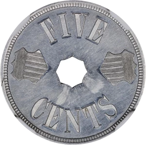 image for: 1884 Pattern Annular, or Ring-Form Five-Cents. Judd-1725, Pollock-1935. Rarity-7-. Aluminum. Plain Edge. Proof-65 (NGC).
