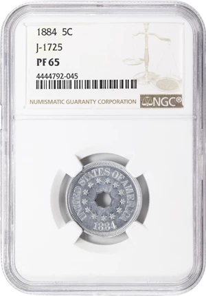 image for: 1884 Pattern Annular, or Ring-Form Five-Cents. Judd-1725, Pollock-1935. Rarity-7-. Aluminum. Plain Edge. Proof-65 (NGC).