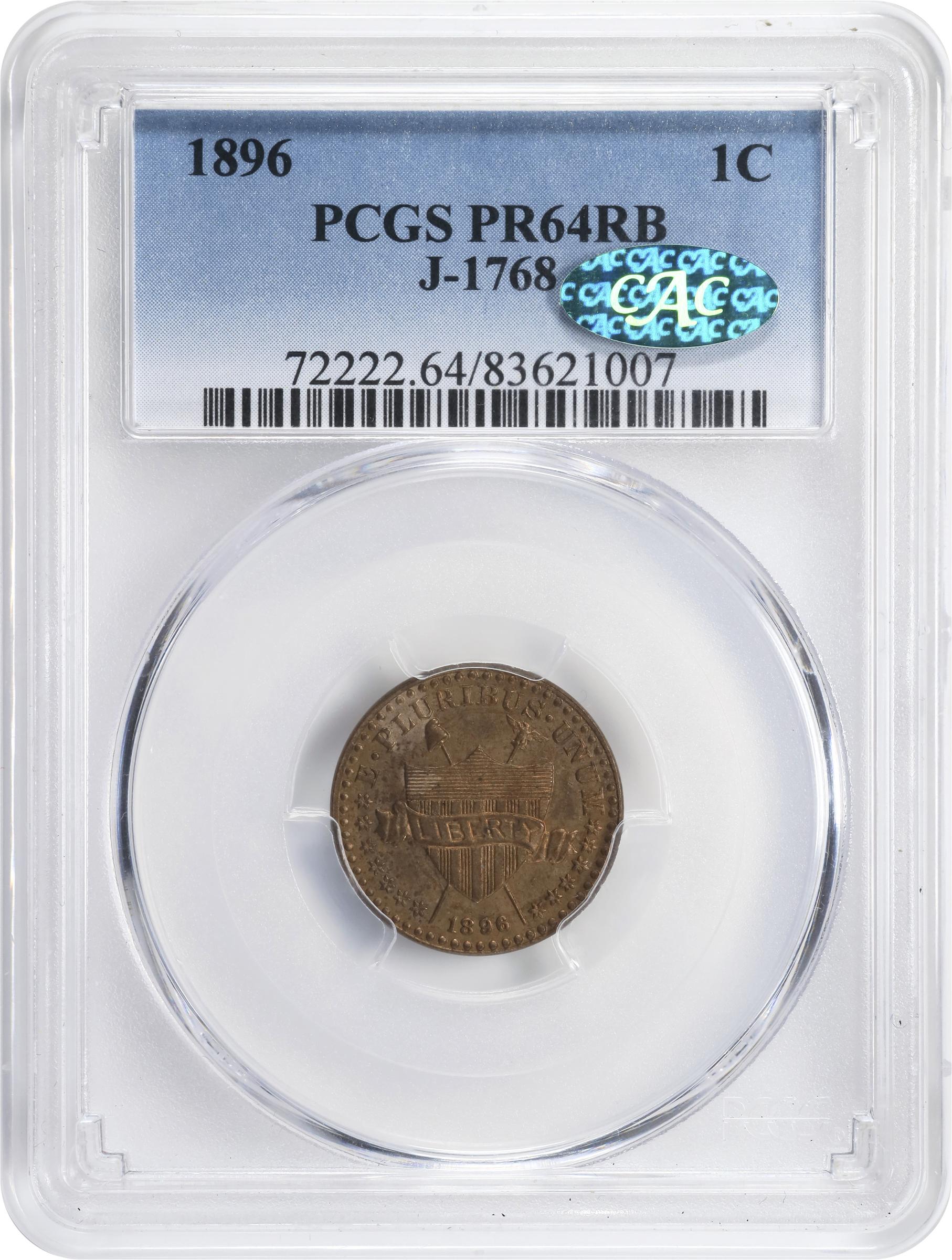 image for: 1896 Pattern Cent. Judd-1768, Pollock-1983. Rarity-5. Bronze. Plain Edge. Proof-64 RB (PCGS). CAC.