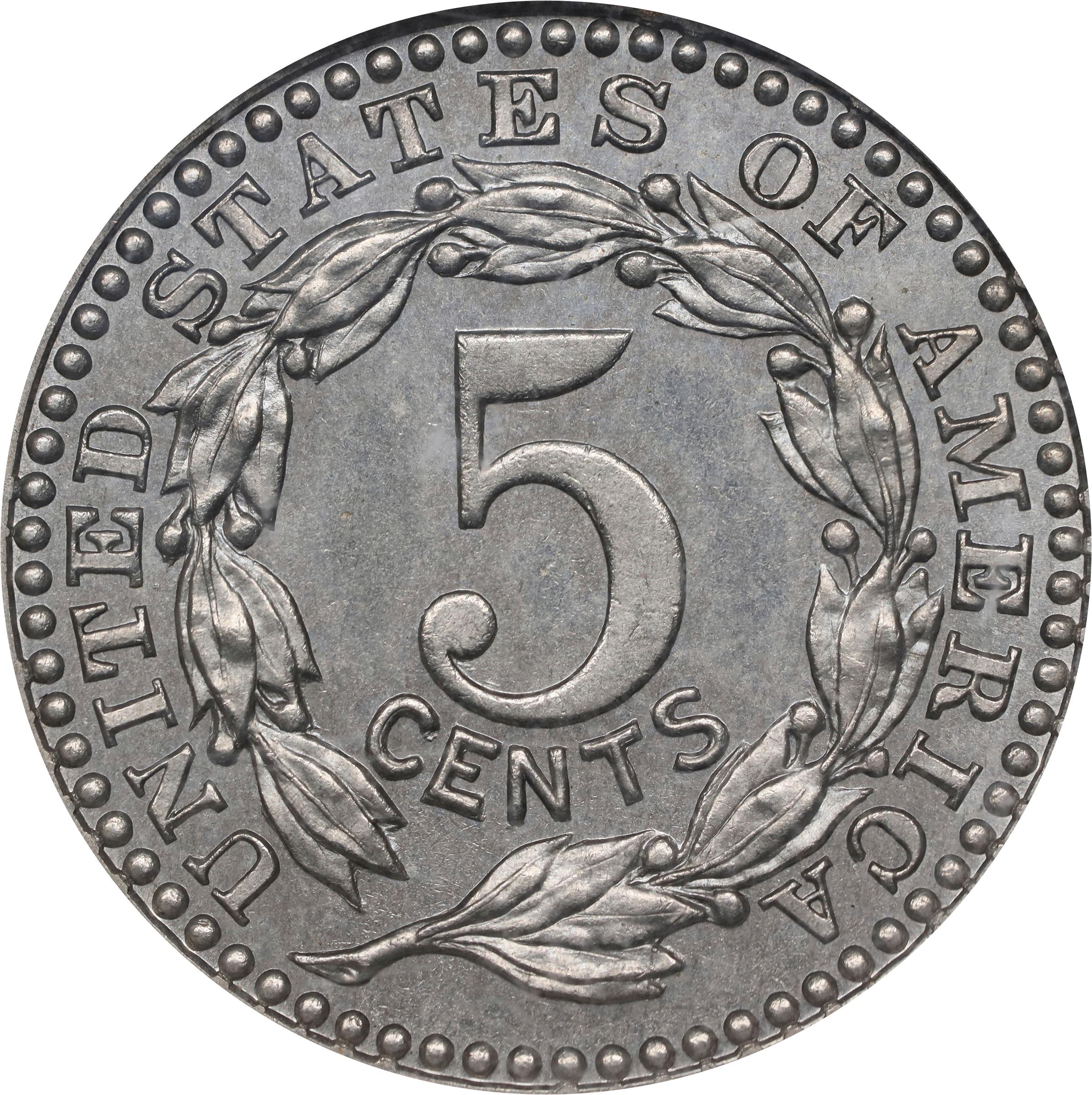 image for: 1896 Pattern Five Cents. Judd-1770, Pollock-1987. Rarity-6-. Nickel-Copper Alloy or German Silver. Plain Edge. Proof-65 (NGC). CAC.