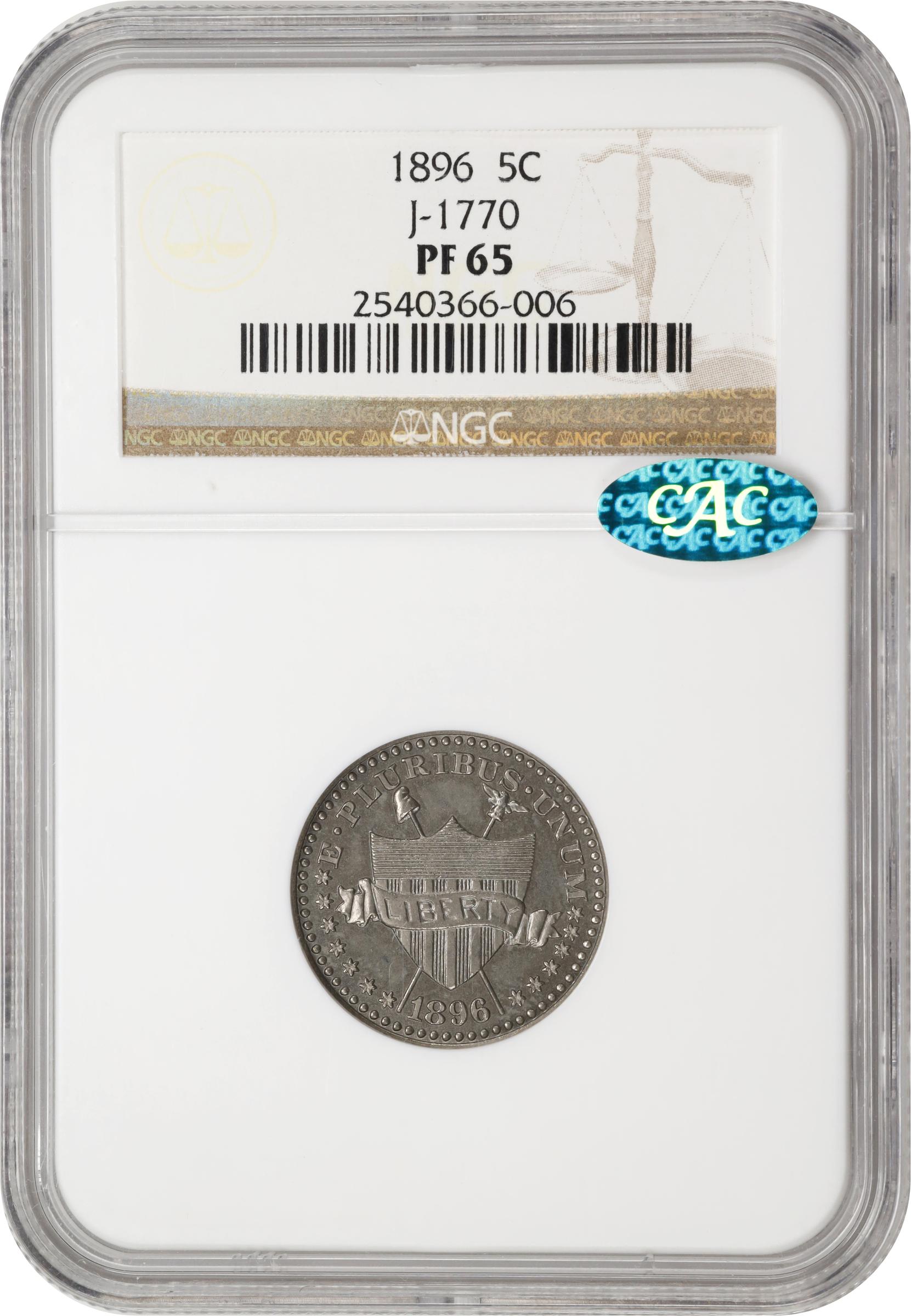 image for: 1896 Pattern Five Cents. Judd-1770, Pollock-1987. Rarity-6-. Nickel-Copper Alloy or German Silver. Plain Edge. Proof-65 (NGC). CAC.