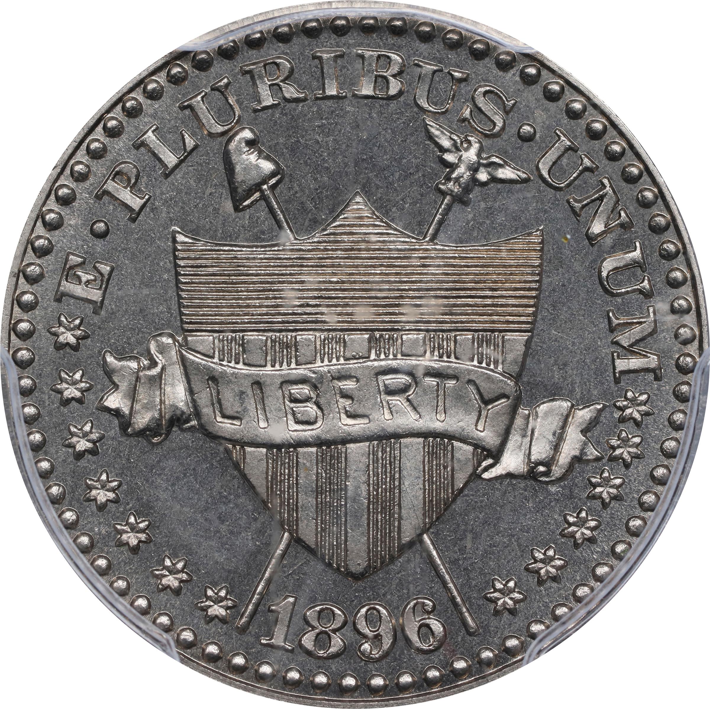 image for: 1896 Pattern Five Cents. Judd-1771, Pollock-1986. Rarity-6-. Pure Nickel (magnetic). Plain Edge. Proof-66 (PCGS). CAC.