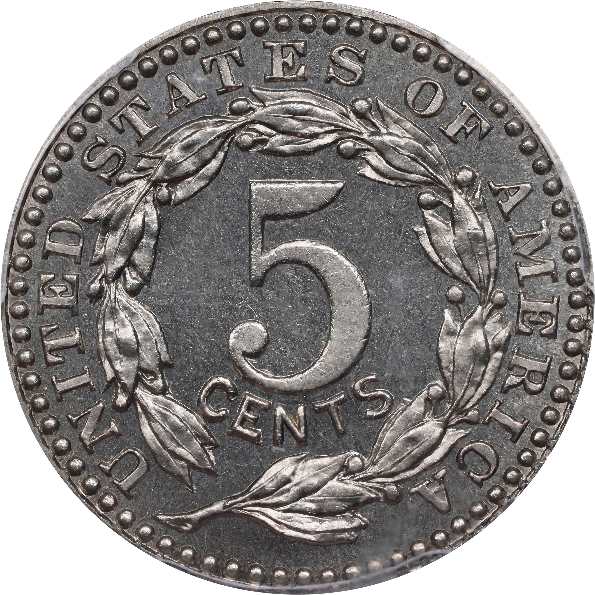 image for: 1896 Pattern Five Cents. Judd-1771, Pollock-1986. Rarity-6-. Pure Nickel (magnetic). Plain Edge. Proof-66 (PCGS). CAC.