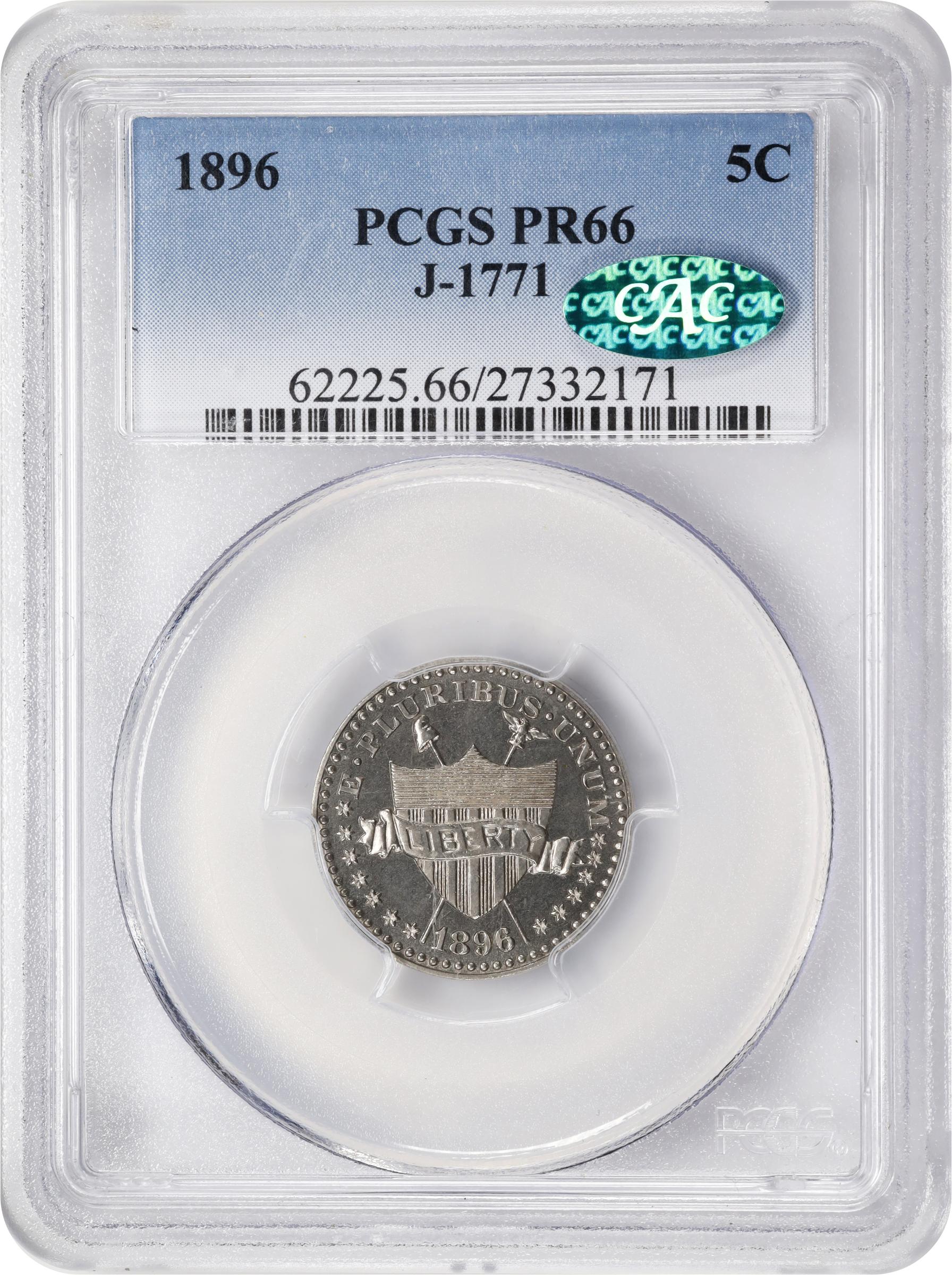 image for: 1896 Pattern Five Cents. Judd-1771, Pollock-1986. Rarity-6-. Pure Nickel (magnetic). Plain Edge. Proof-66 (PCGS). CAC.