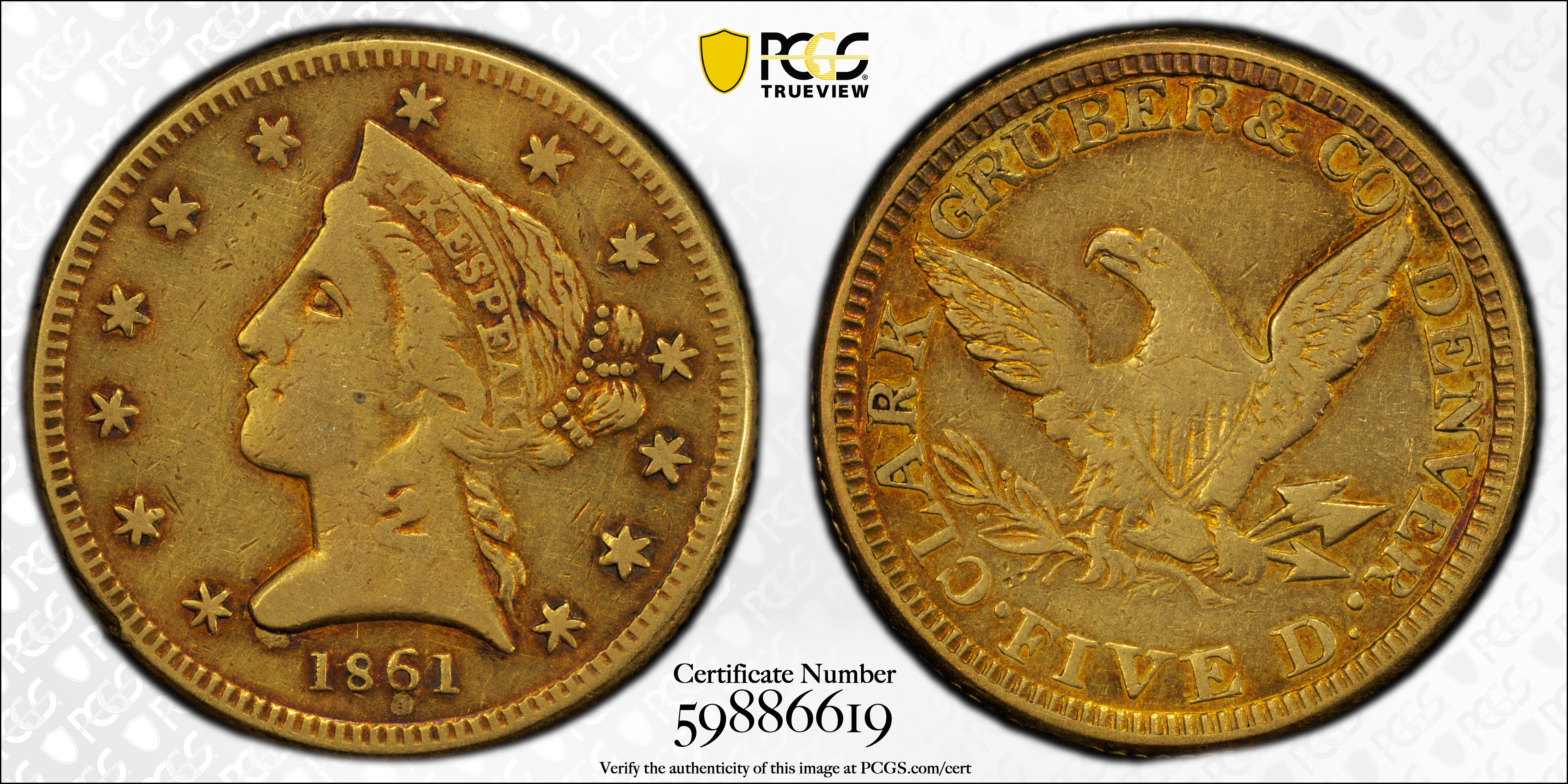 image for: 1861 Clark, Gruber & Co. $5. K-6. Rarity-5. EF-40 (PCGS).