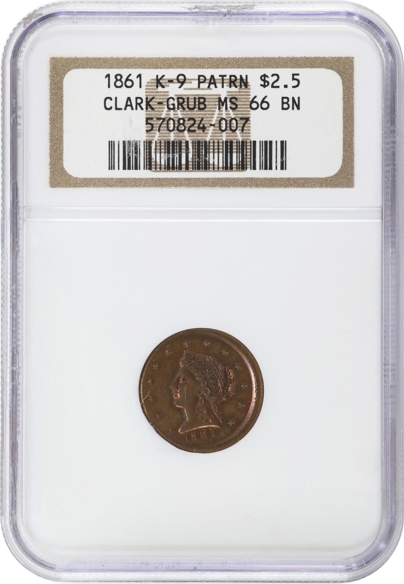 image for: 1861 Clark, Gruber & Co. $2.50 Die Trial. K-9. Rarity-7+. Copper. Plain Edge. MS-66 BN (NGC).