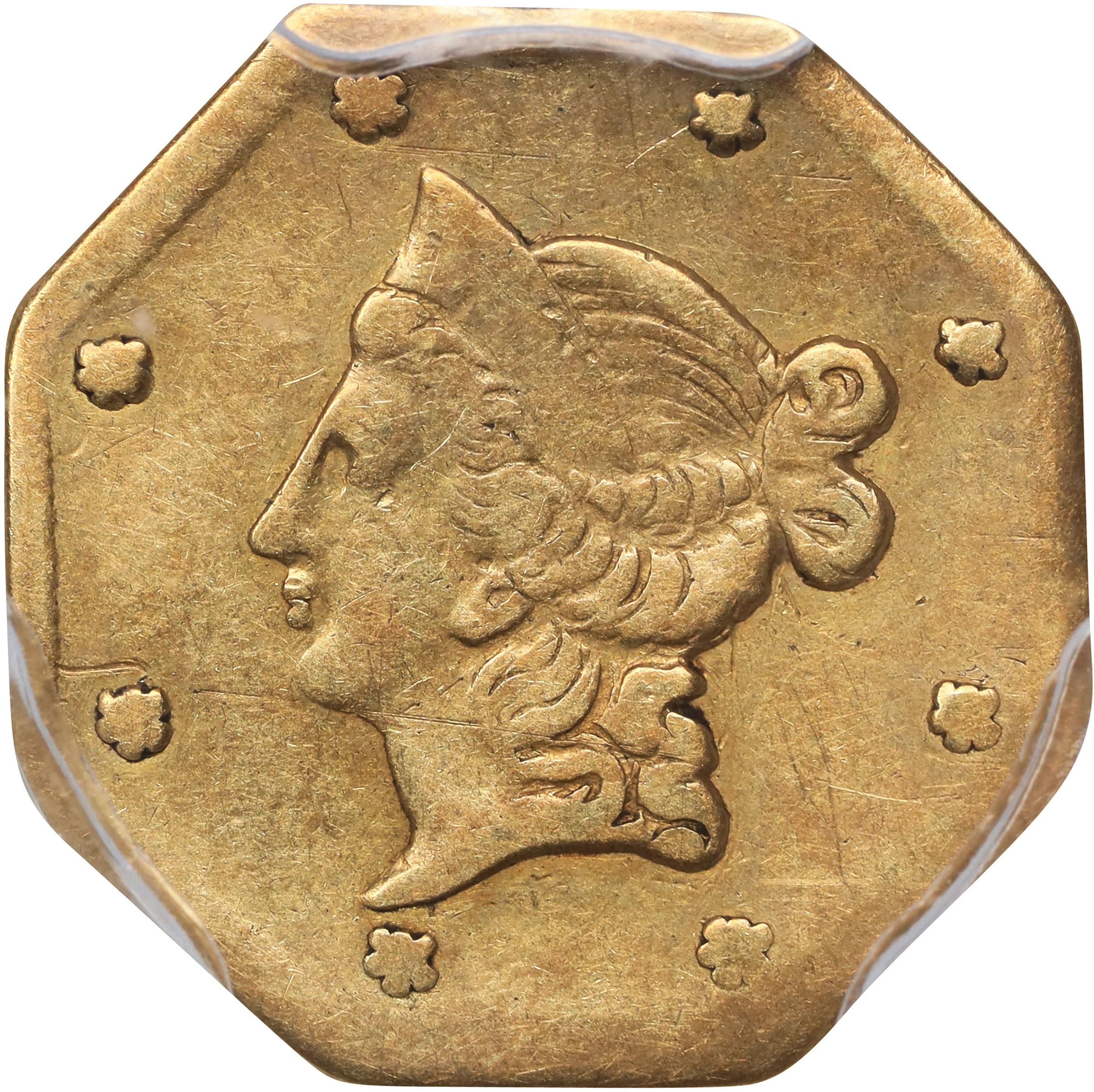 image for: 1854-DERI Octagonal $1. BG-529. Rarity-7+. Liberty Head. VF Details--Bent (PCGS).