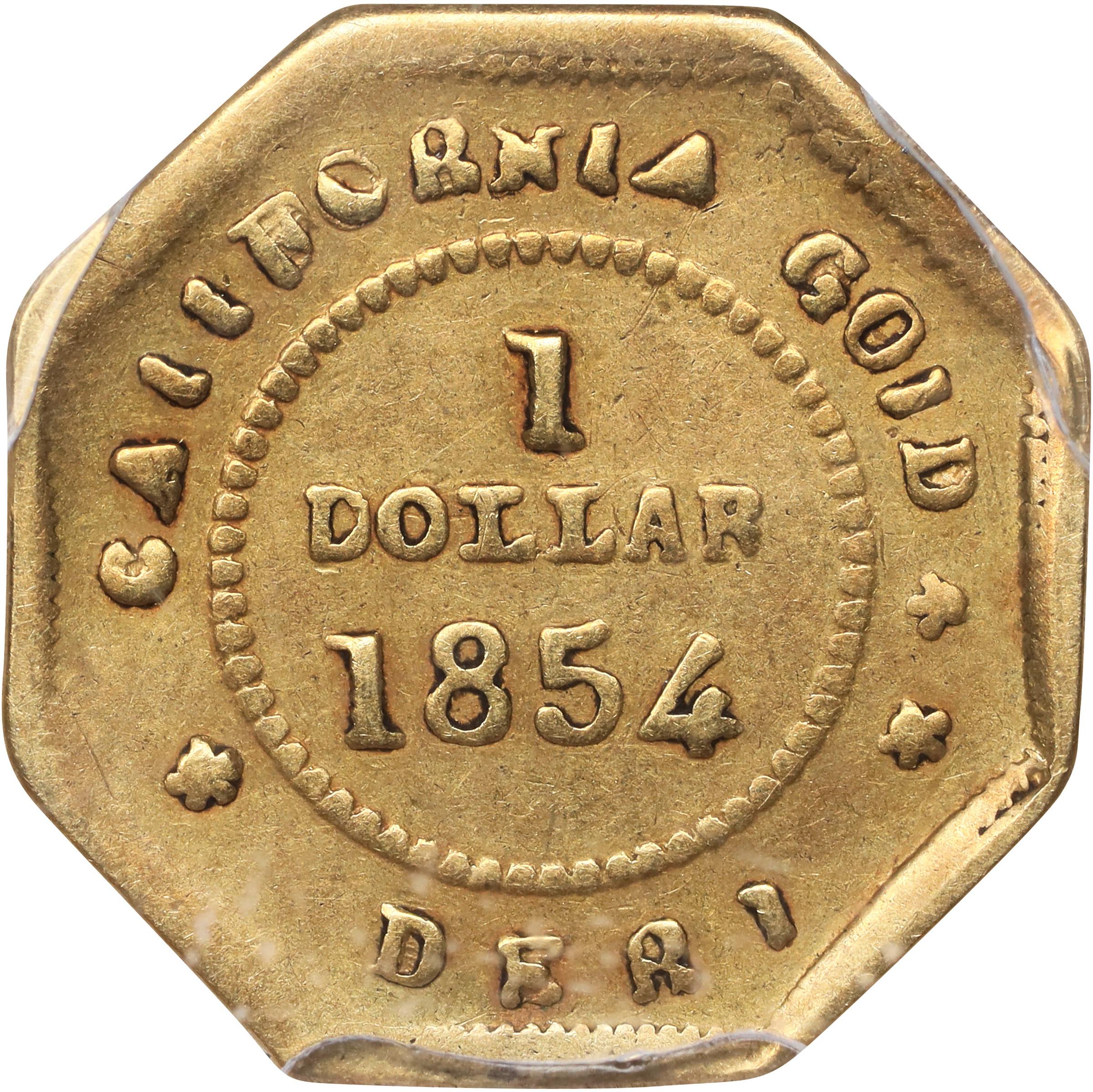 image for: 1854-DERI Octagonal $1. BG-529. Rarity-7+. Liberty Head. VF Details--Bent (PCGS).