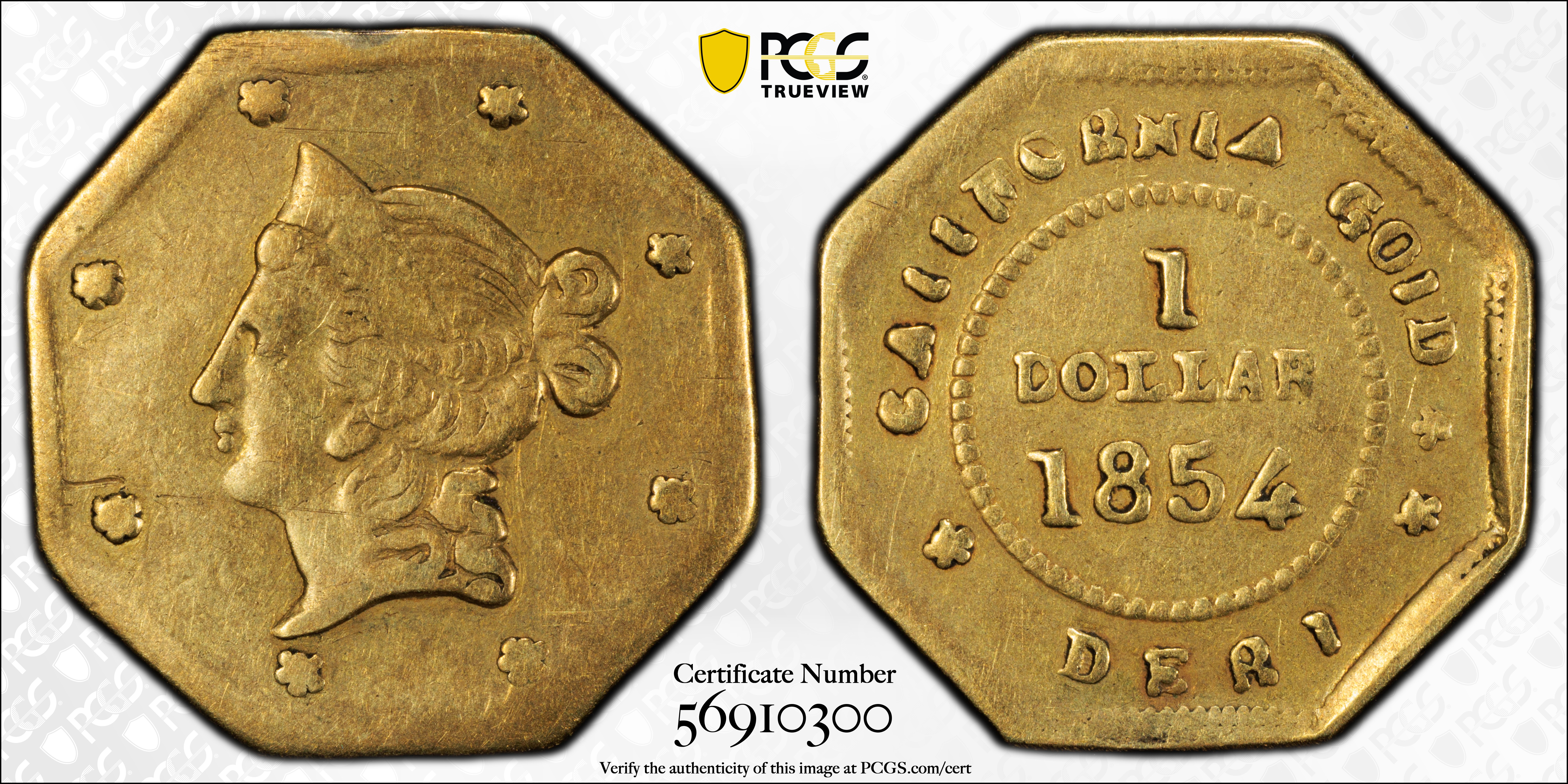 image for: 1854-DERI Octagonal $1. BG-529. Rarity-7+. Liberty Head. VF Details--Bent (PCGS).