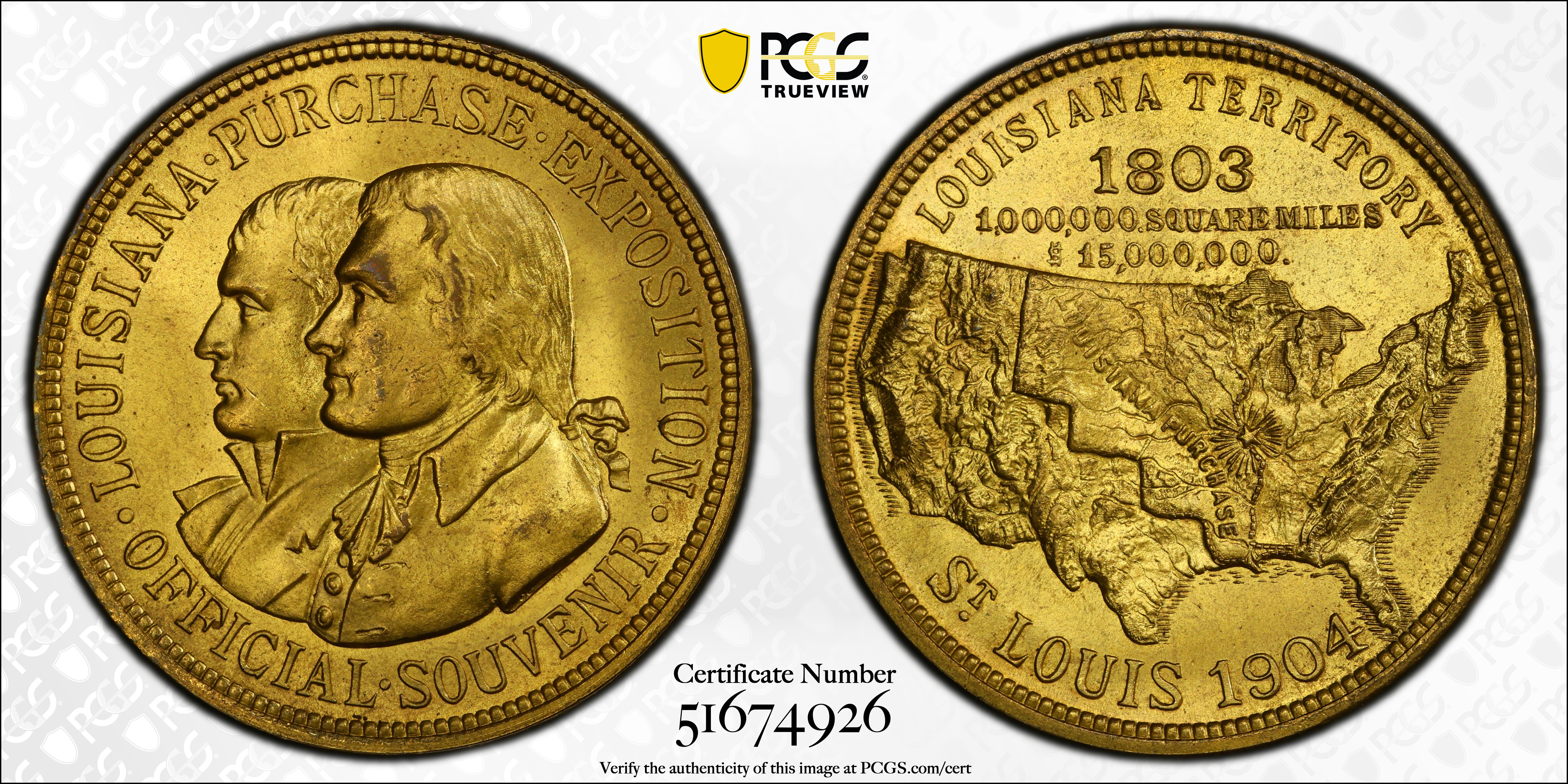 image for: 1904 Louisiana Purchase Exposition. Official Souvenir Medal. HK-302, SH 13-1 BS. Rarity-4. Brass. MS-65 (PCGS).