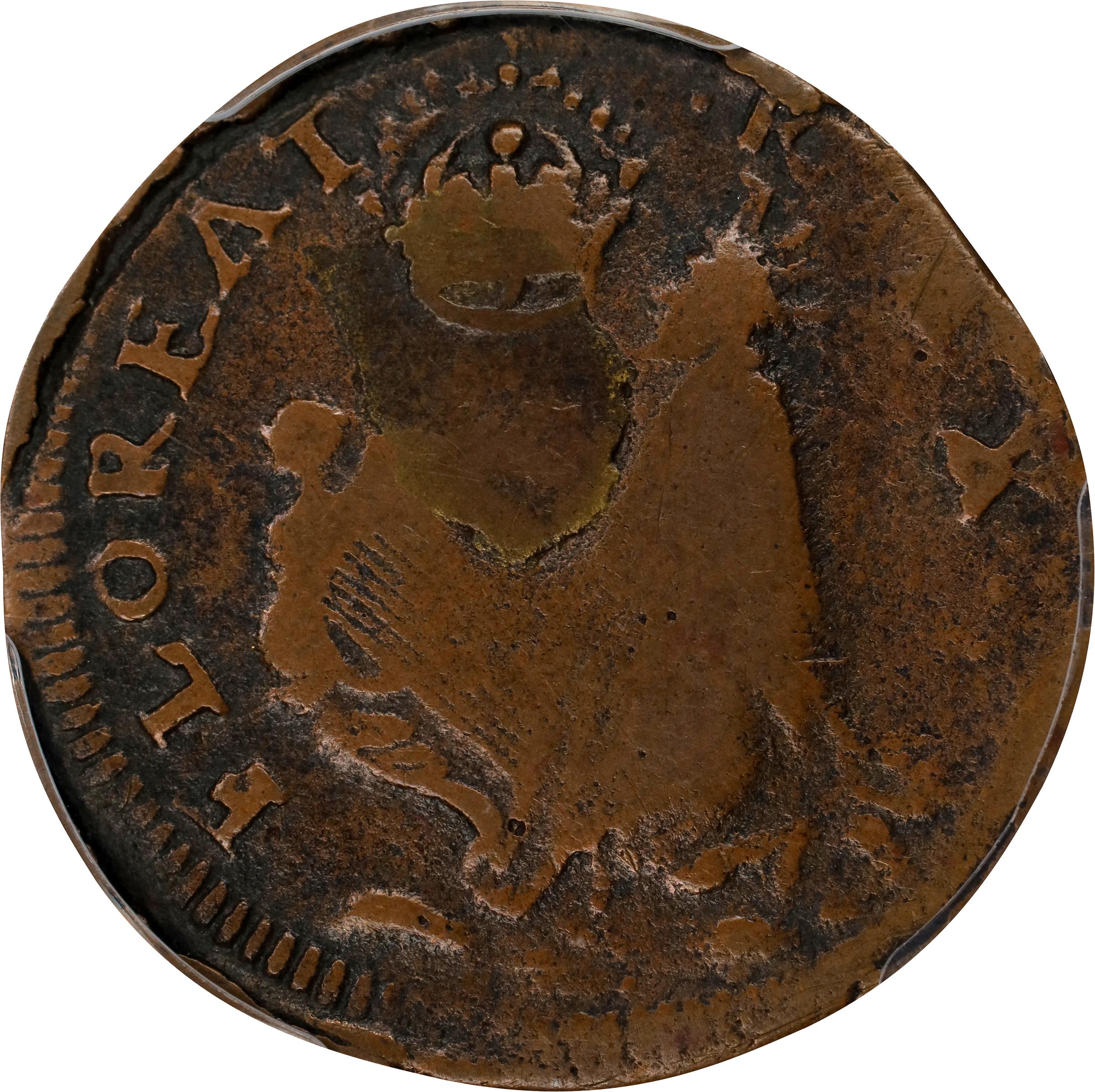 image for: Undated (ca. 1652-1674) St. Patrick Farthing. Martin 2b.2-Ea.3, W-11500. Copper. Sea Beasts Below King. Fine-12 (PCGS).