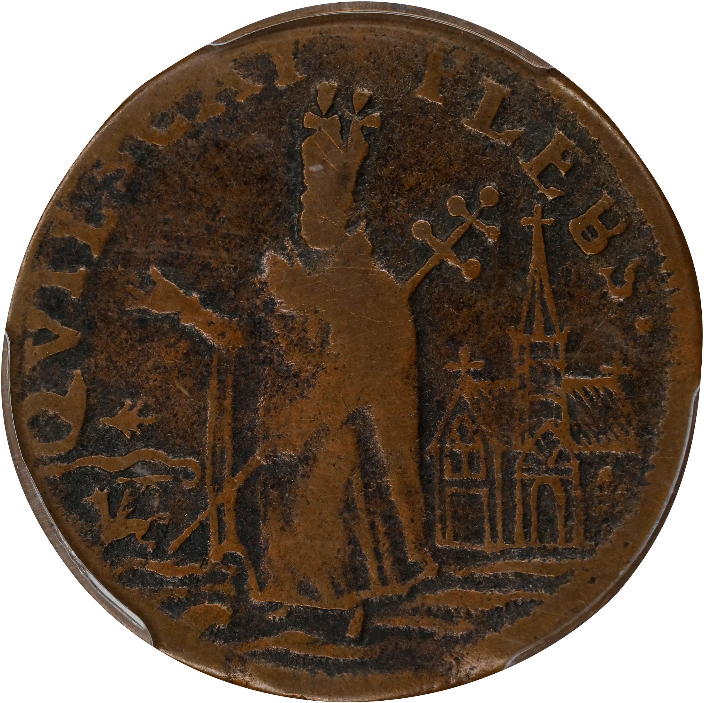 image for: Undated (ca. 1652-1674) St. Patrick Farthing. Martin 2b.2-Ea.3, W-11500. Copper. Sea Beasts Below King. Fine-12 (PCGS).