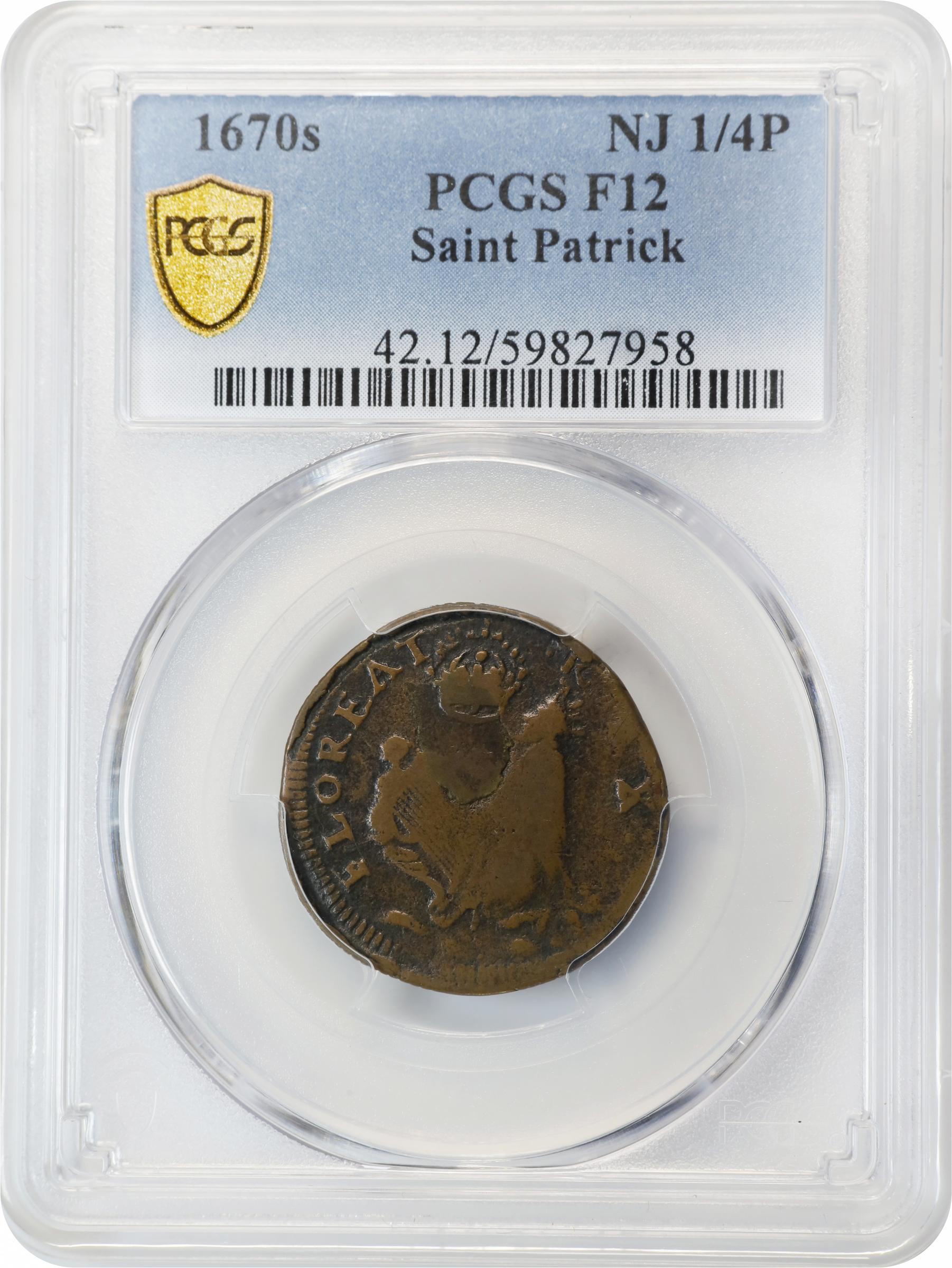 image for: Undated (ca. 1652-1674) St. Patrick Farthing. Martin 2b.2-Ea.3, W-11500. Copper. Sea Beasts Below King. Fine-12 (PCGS).