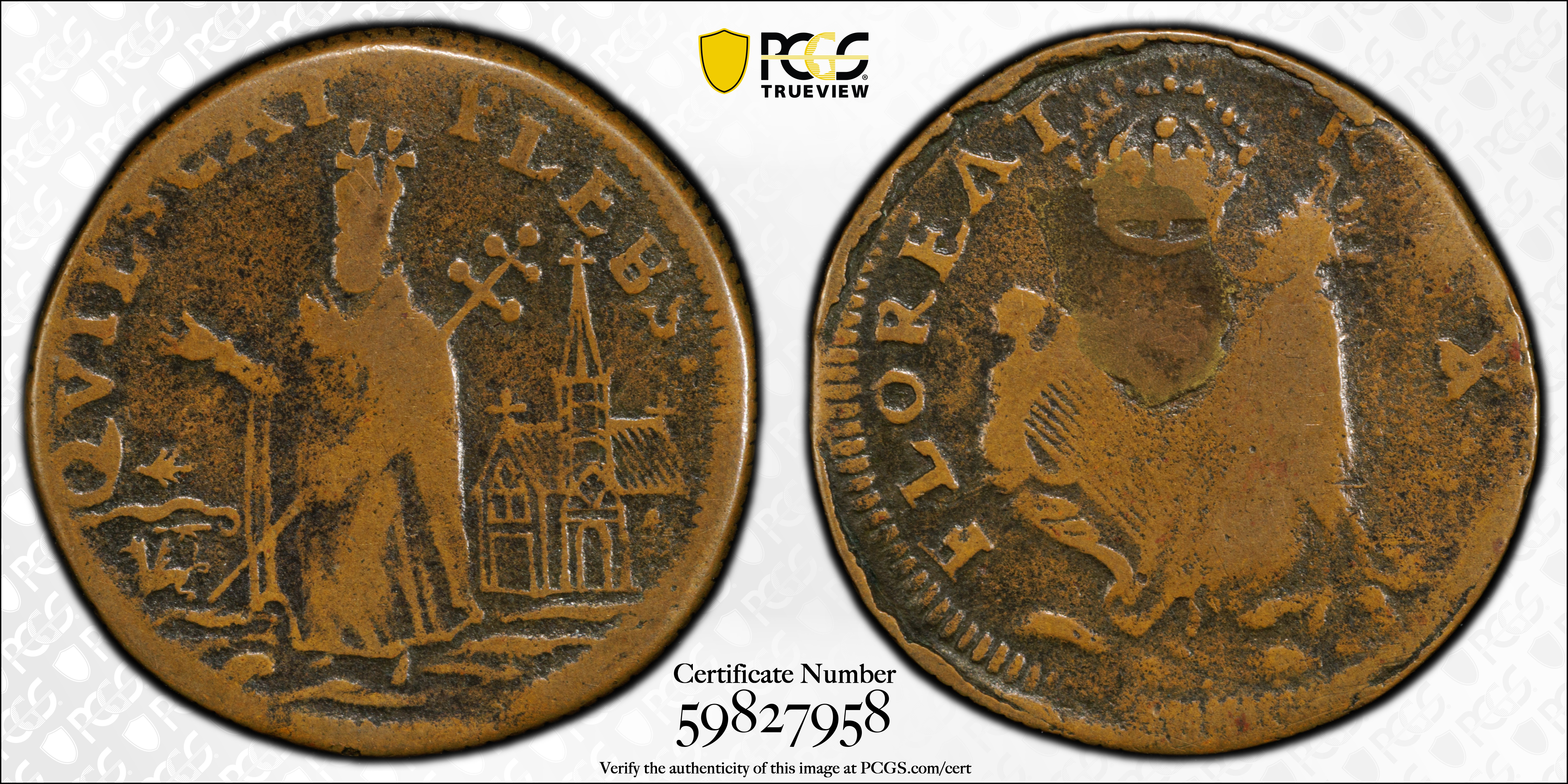 image for: Undated (ca. 1652-1674) St. Patrick Farthing. Martin 2b.2-Ea.3, W-11500. Copper. Sea Beasts Below King. Fine-12 (PCGS).