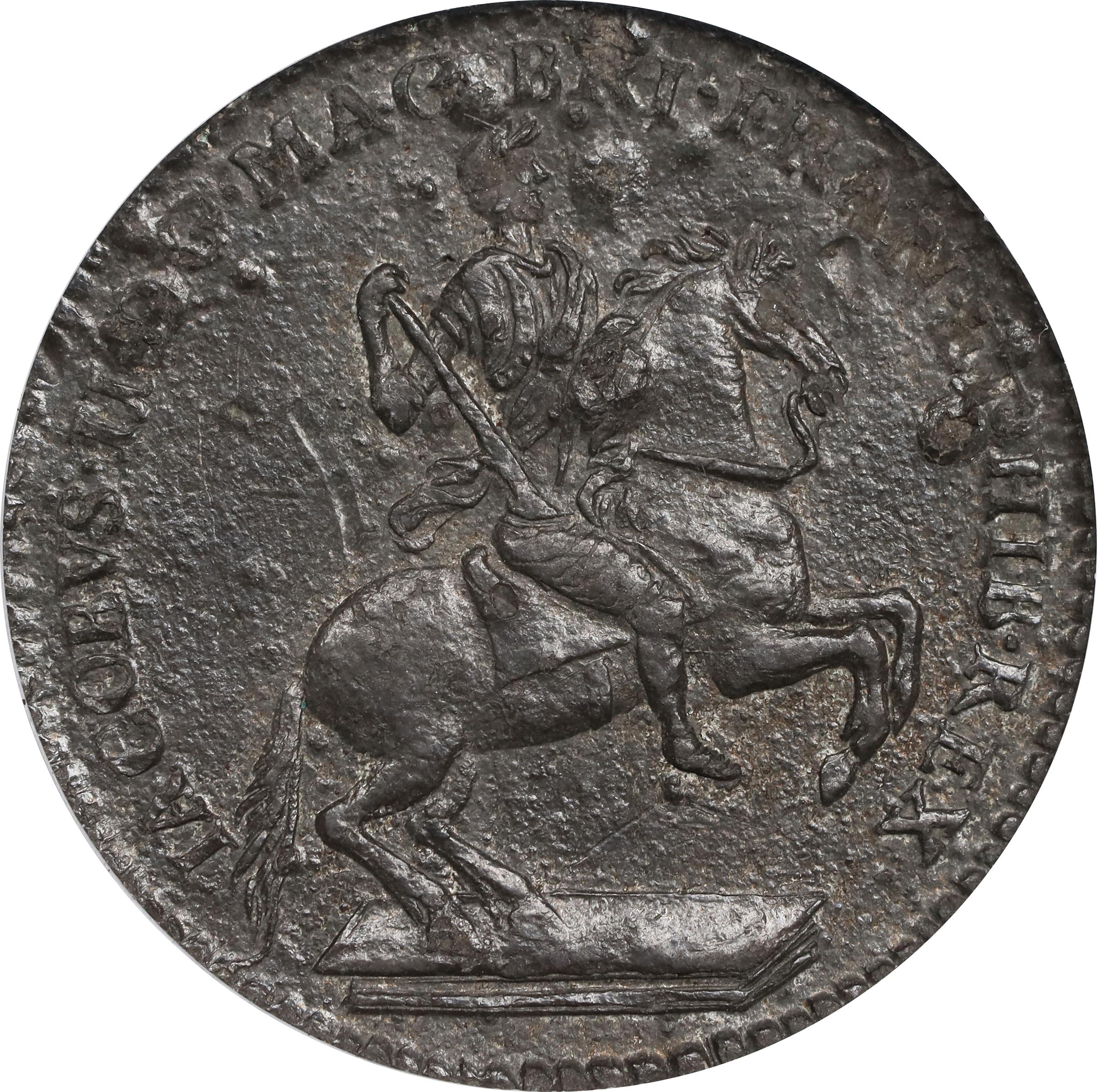 image for: Undated (1688) American Plantations Token, or 1/24 Part Real. Original(?). Newman 4-E, W-1155. Rarity-4+. 7 Harp Strings. AU-50 (PCGS).