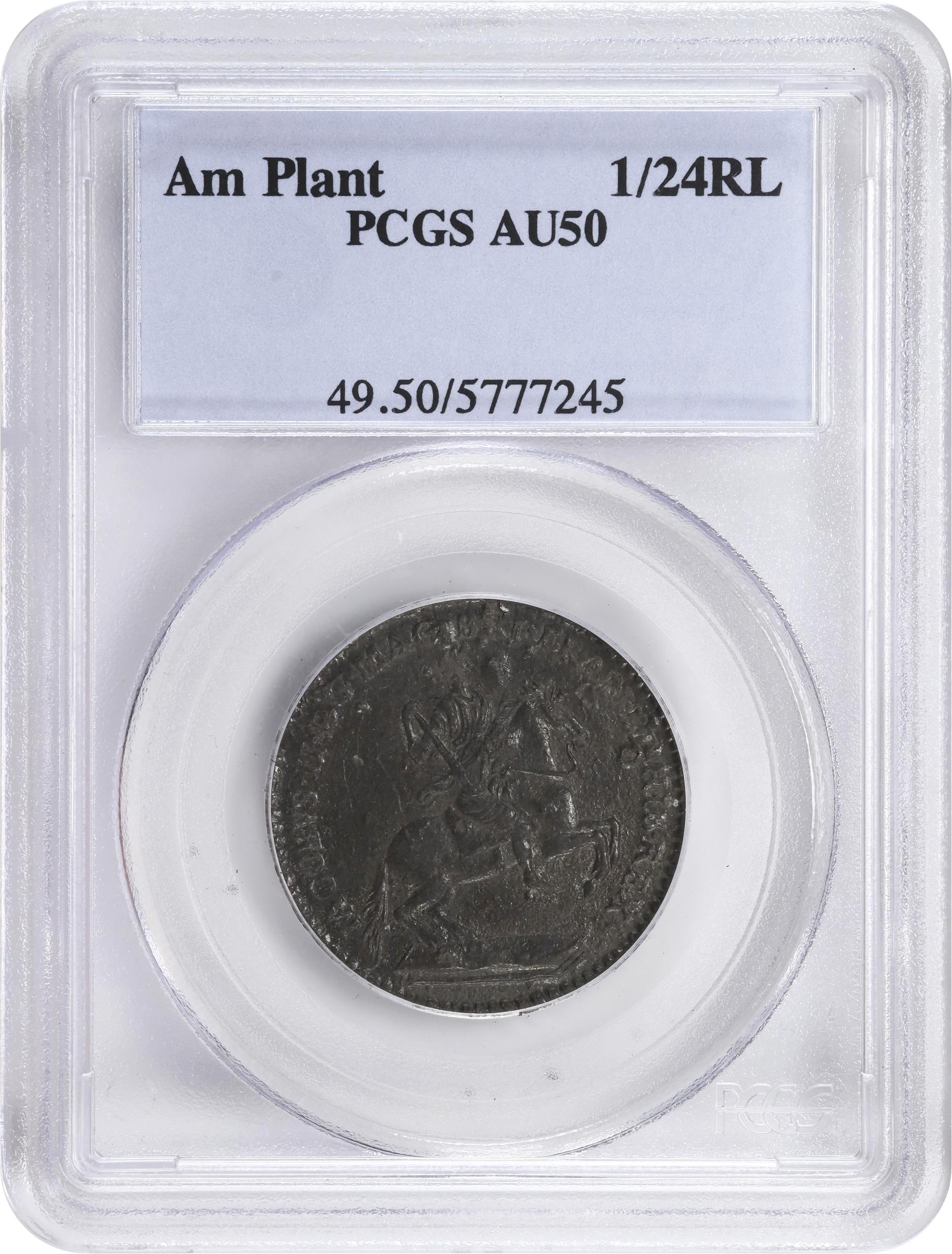 image for: Undated (1688) American Plantations Token, or 1/24 Part Real. Original(?). Newman 4-E, W-1155. Rarity-4+. 7 Harp Strings. AU-50 (PCGS).