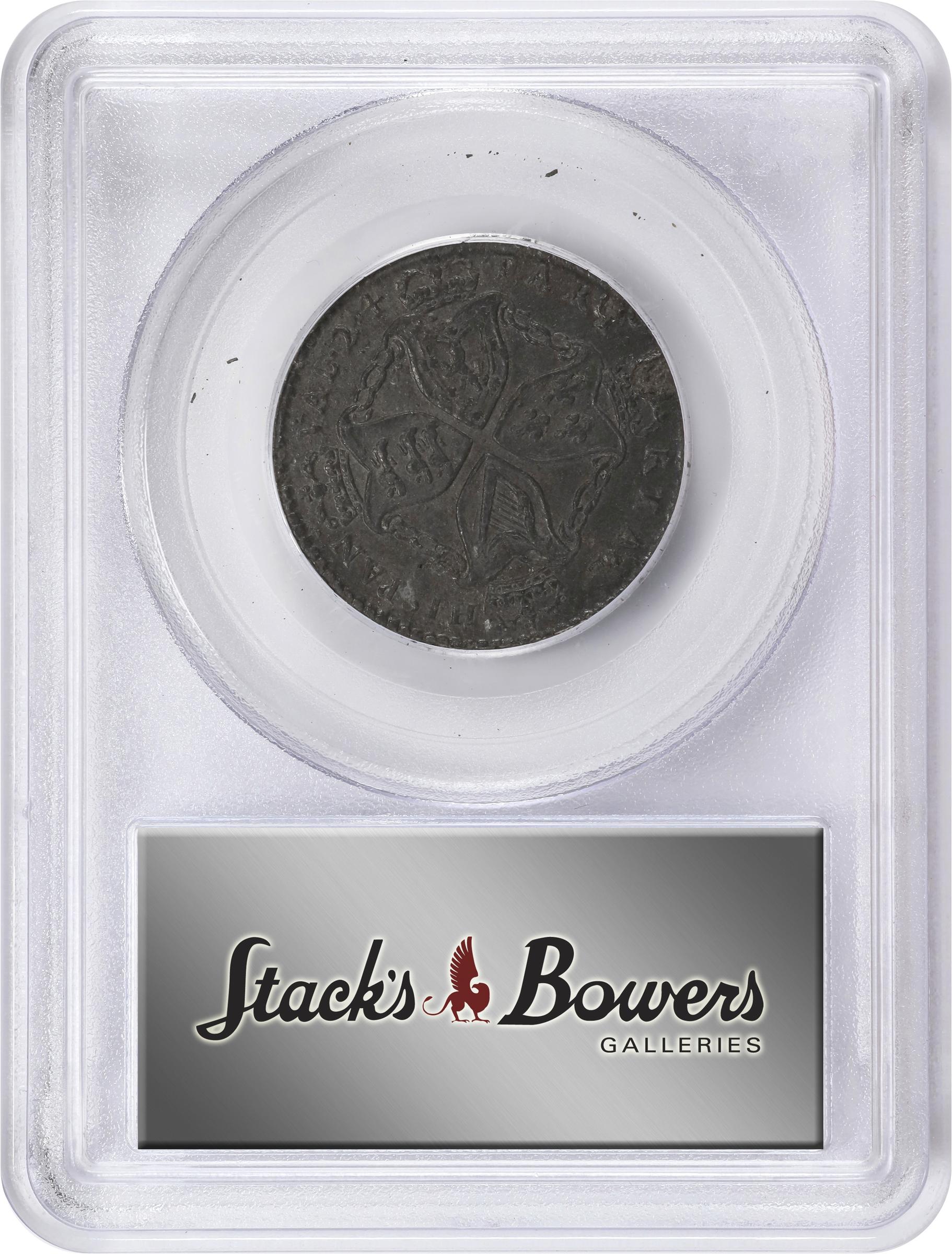 image for: Undated (1688) American Plantations Token, or 1/24 Part Real. Original(?). Newman 4-E, W-1155. Rarity-4+. 7 Harp Strings. AU-50 (PCGS).