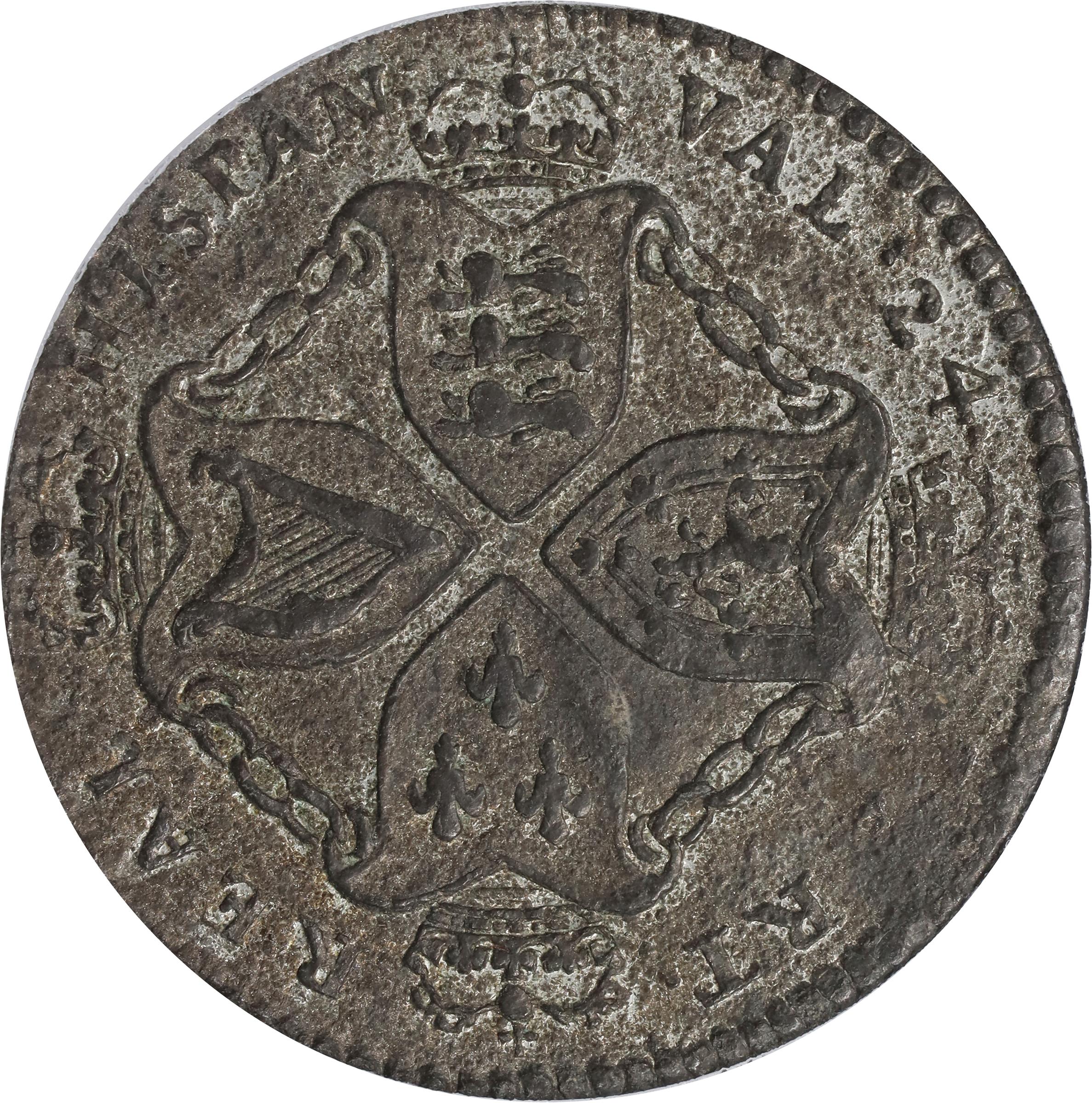 image for: Undated (ca. 1828) American Plantations Token, or 1/24 Part Real. Restrike. Newman 5-D, W-1160. Rarity-4+. 11 Harp Strings. MS-62 (PCGS).